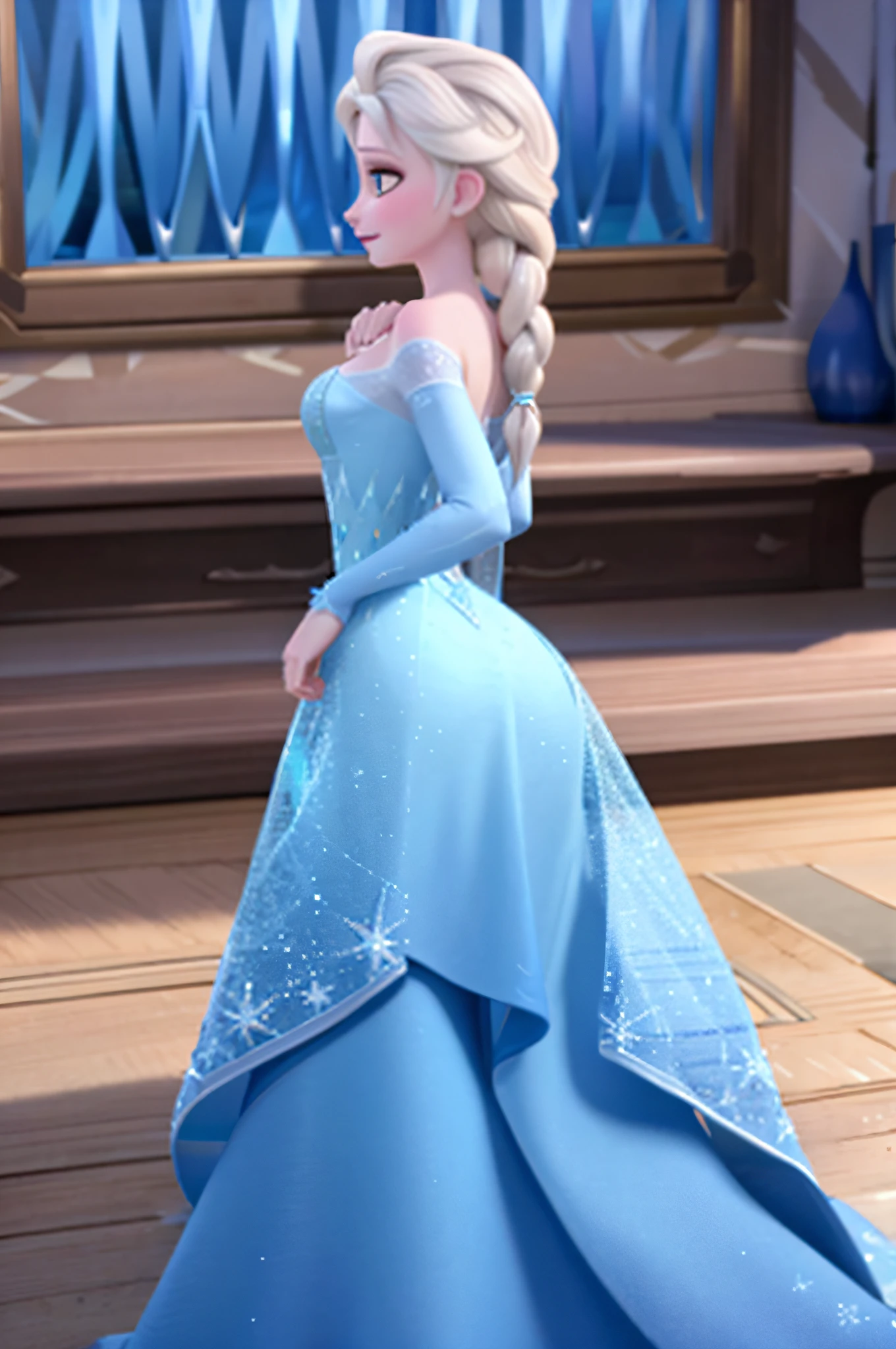 elsa of arendelle, blue ice dress, single braid, backside, bedroom, sexy