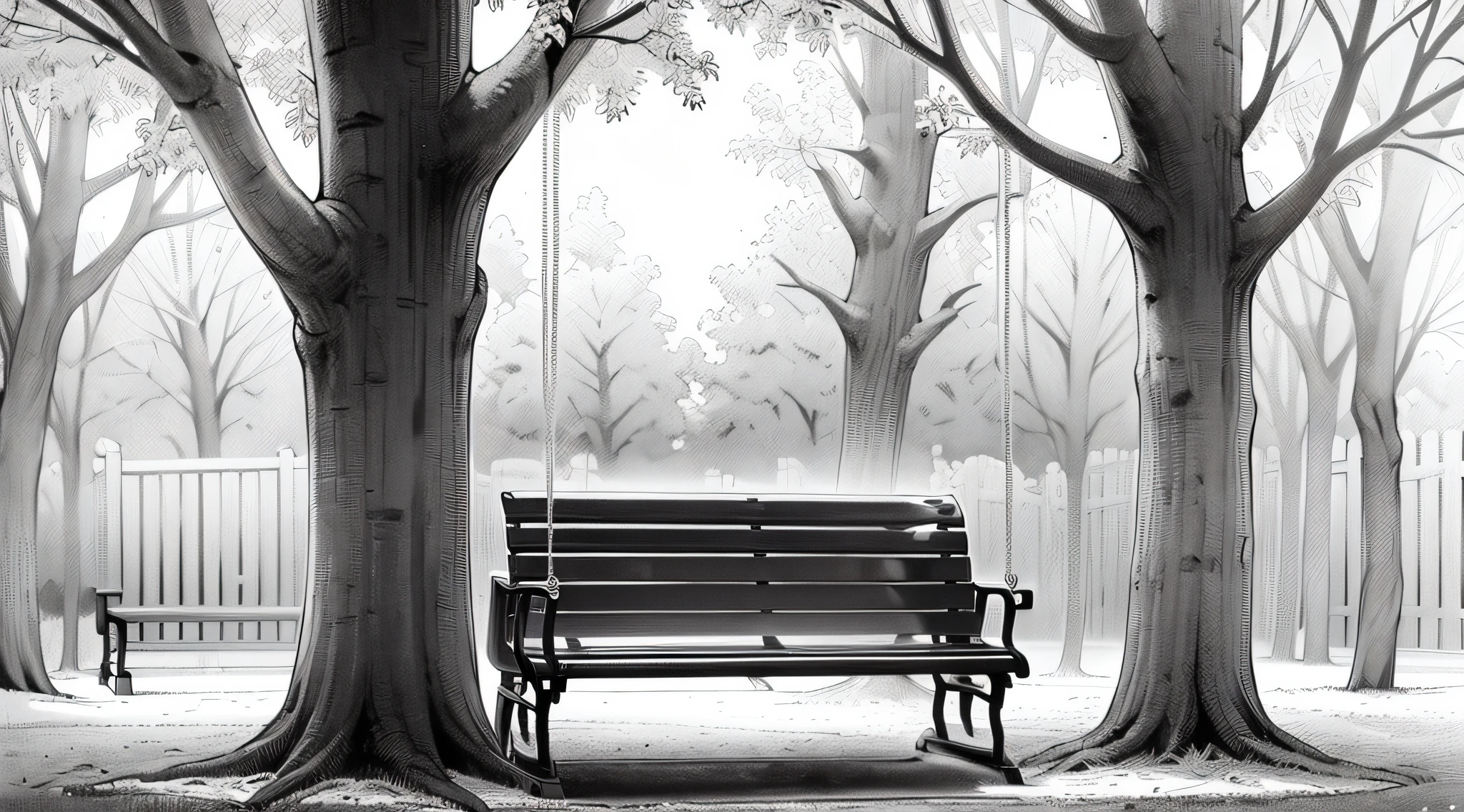 ((no gray)),((monochrome))),((line art))),((unmanned)),Akihiko Yoshida,drop shadow, night, forest, tree, cloud, park,((bench)),((slide)),((swing))