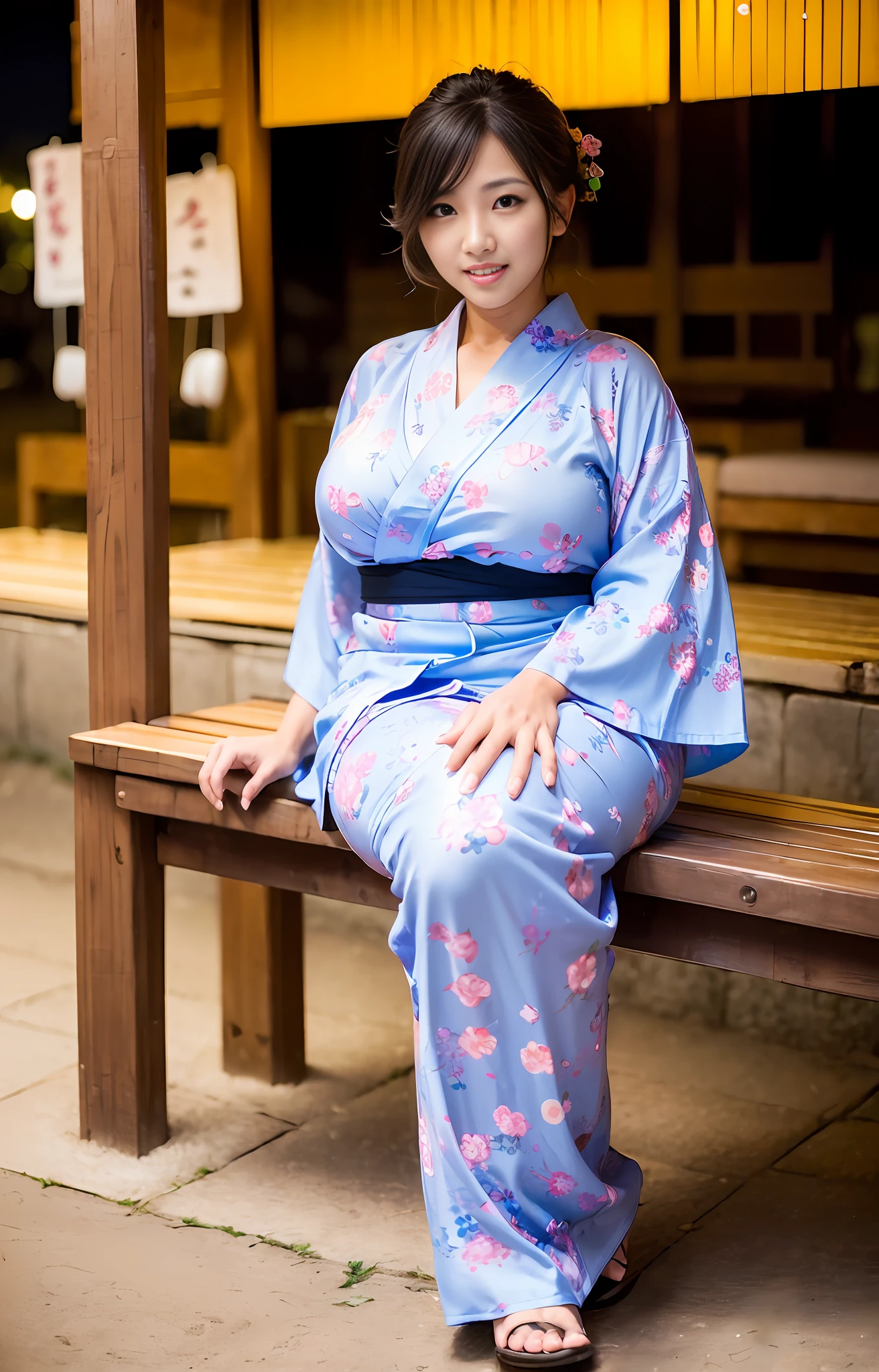 ((Evening night shop)), ((Wearing a yukata)), ((Huge: 1.2)), ((Quality: 8K, Big ass: 1.5))), ((Korean beauty)), ((Arasah: 35 years old)), (Emphasis on cleavage)), (Pose sitting on a bench with crotch spread)))),