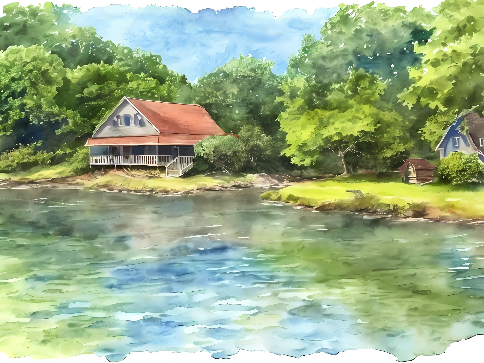 painting of a house on a small island in a river, water color on paper, water color art on paper, water color painting, detailed watercolor painting, watercolor art on paper, watercolor colored painting, watercolor on paper, a watercolor painting, water colour, water painting, watercolor painting, masterful detailed watercolor, watercolour painting, water color, watercolor on canvas, nature painting