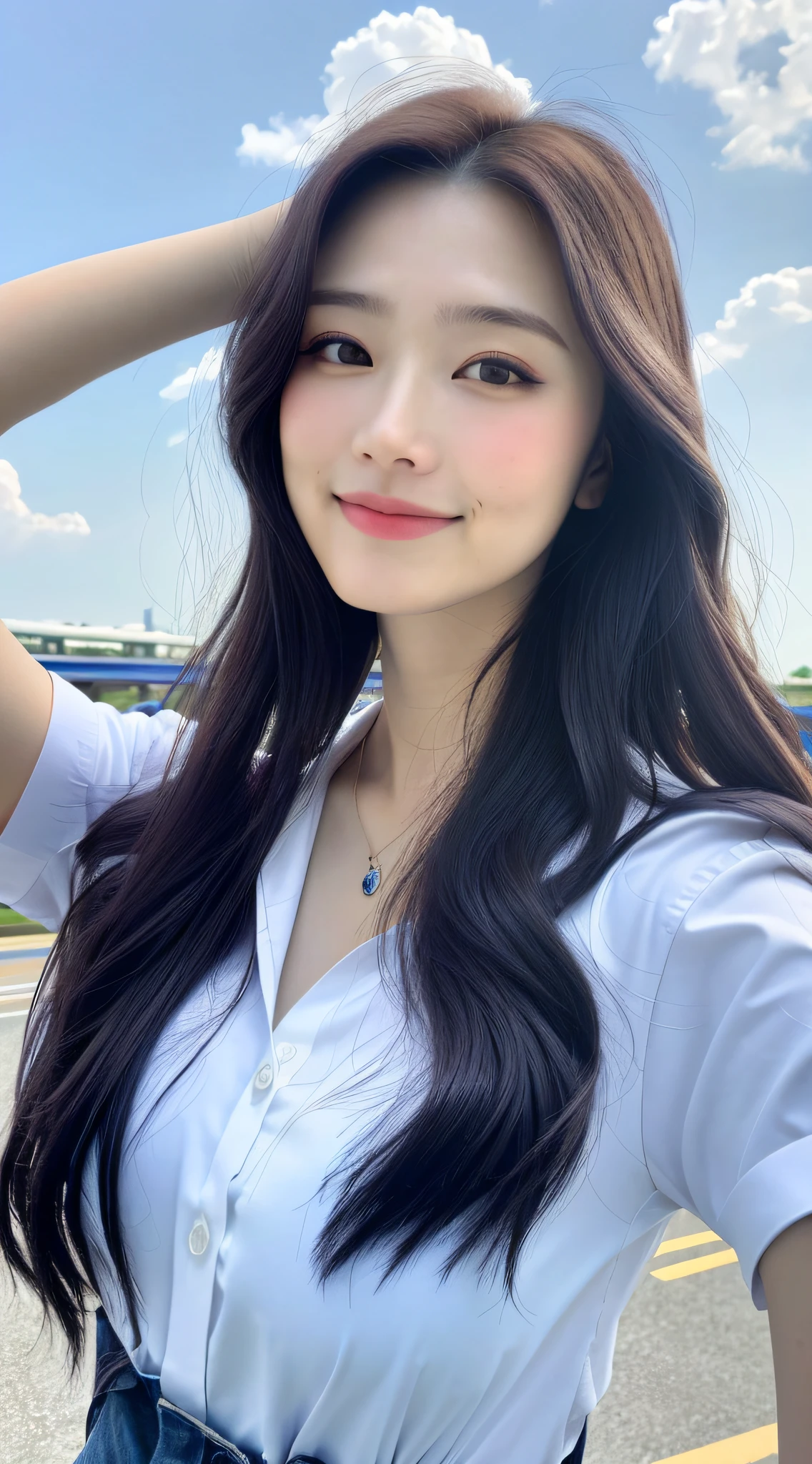 Expressive hair, light makeup, medium breast size, slight smile, shirt with rolled sleeves, in the sky train, clear facial features, eye-level shooting, shake, UHD, masterpiece, super detail, best quality, high resolution, 16k,