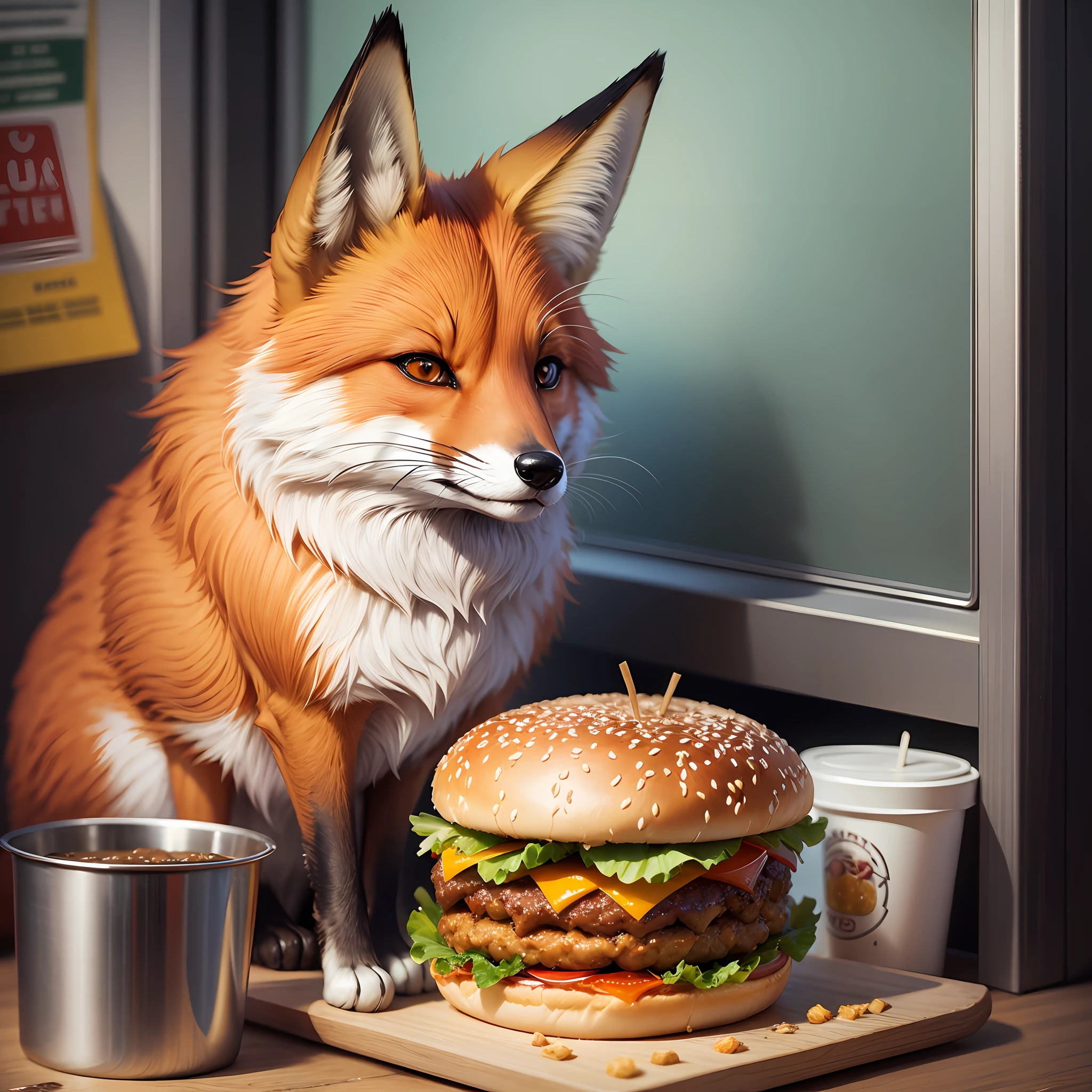 Fox eating hamburger, illustration, anime, manga --auto --s2