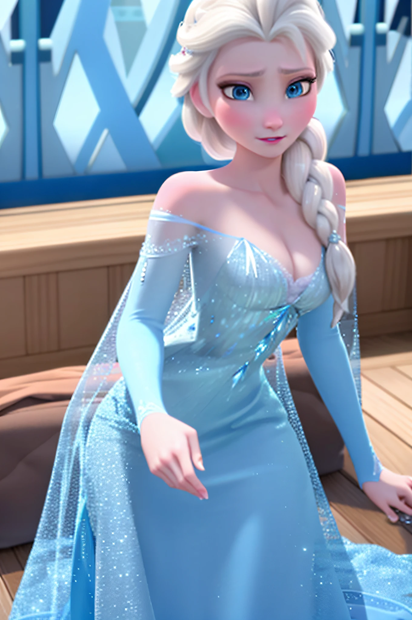 elsa of arendelle, blue ice dress, single braid, backside, bedroom, sexy
