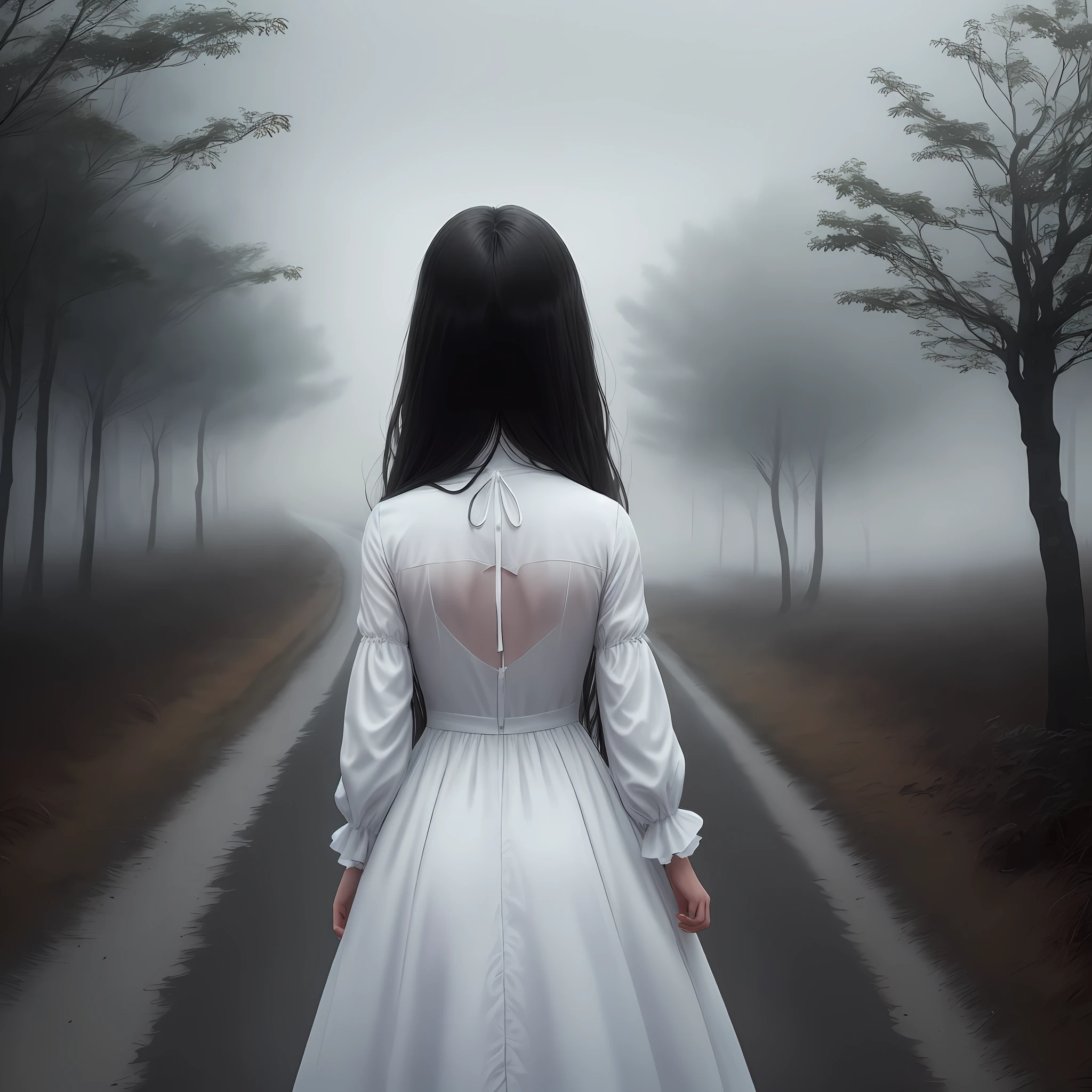 Dark night, horror, supernatural events, back view of woman in white clothes, small road, surrounded by villages, light fog, a little distance, long hair