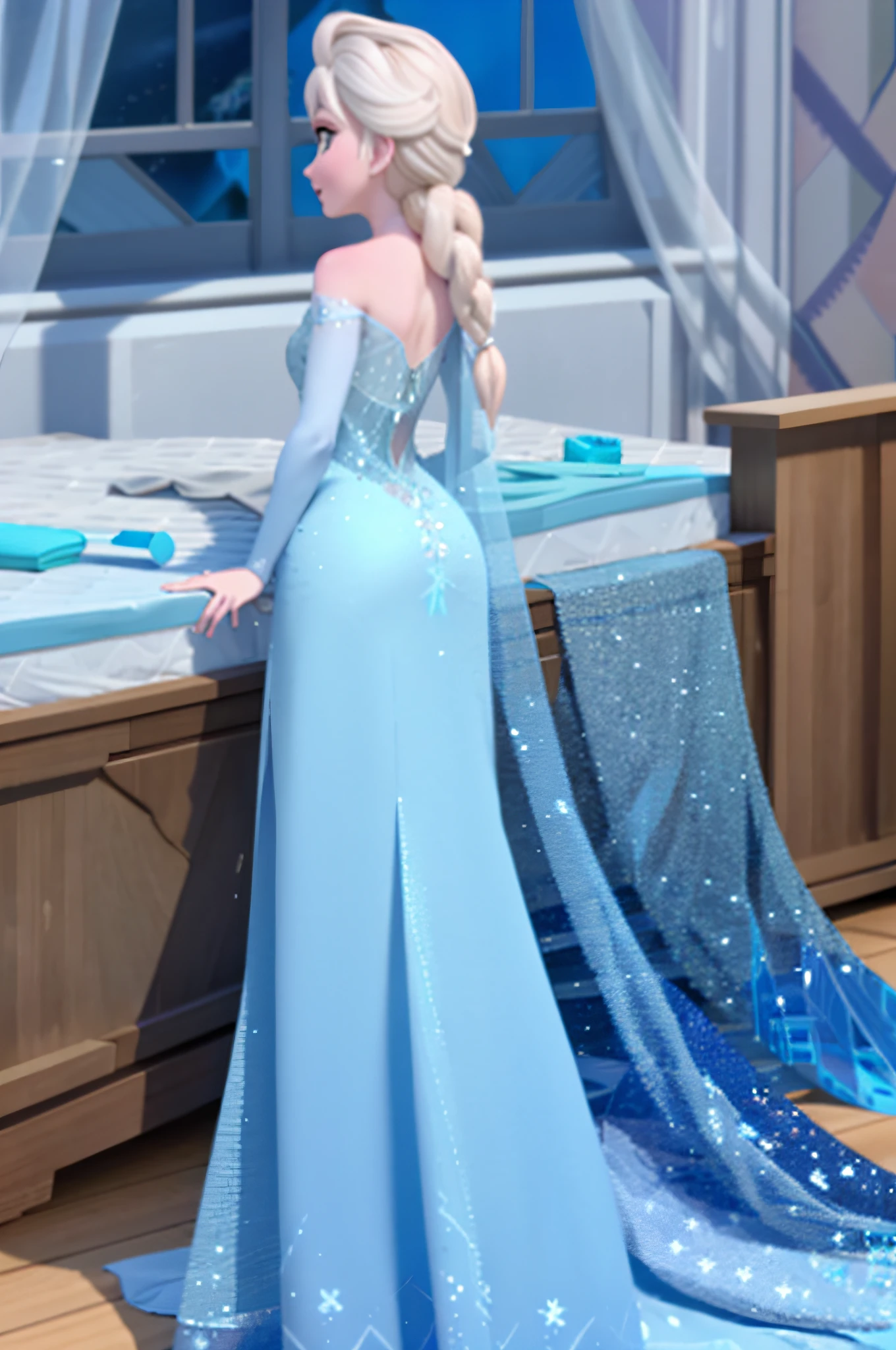 elsa of arendelle, blue ice dress, single braid, backside, bedroom, sexy