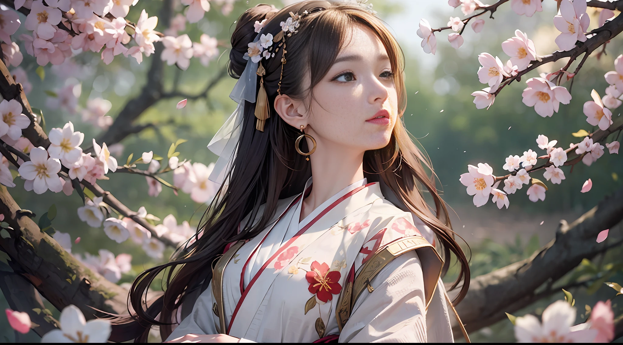 Masterpiece, extremely detailed CG unity 8k wallpaper, beautiful and realistic, 1 girl, against the background of blurred background, brown hair ends with plum blossoms, a touch of white quietly emanating in the deep throat, dressed in Hanfu, earrings and jewelry reflect the delicate facial features, full of realism. Under the slight cover of arms and fingers, it seems that something is hidden, the girl soloes, the melody of "Shandan Dan Blossoms Red and Bright" is gentle, in the depth of field, the petals on the branches gently fall, the sound years, the hair hangs slightly on the chest, waiting quietly, I don't know what to wait.