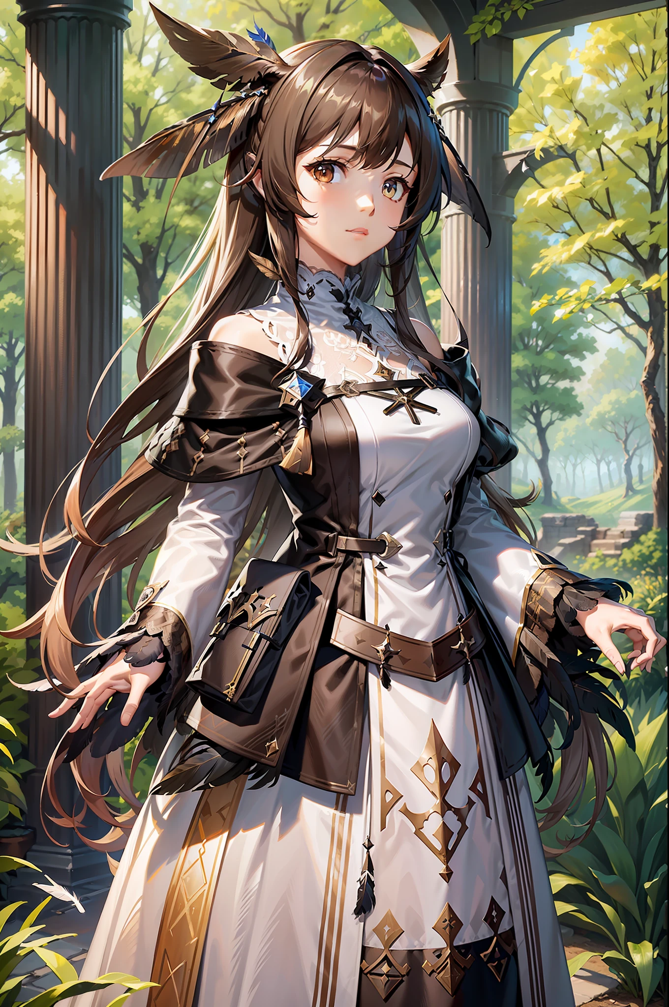 Middle Ages, extremely detailed CG wallpaper, (arknights: 1.01), (cygames: 1.03), solo, a woman wearing an off-the-shoulder dress with a transparent feather coat with lace trim, brown semi-long hair, brown eyes, (feather decoration: 1.2), standing in front of the woods