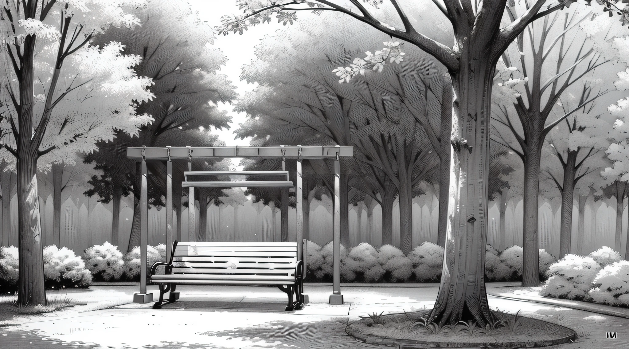 ((no gray)),((monochrome))),((line art))),((unmanned)),Akihiko Yoshida,drop shadow, night, forest, tree, cloud, park,((bench)),((slide)),((swing))