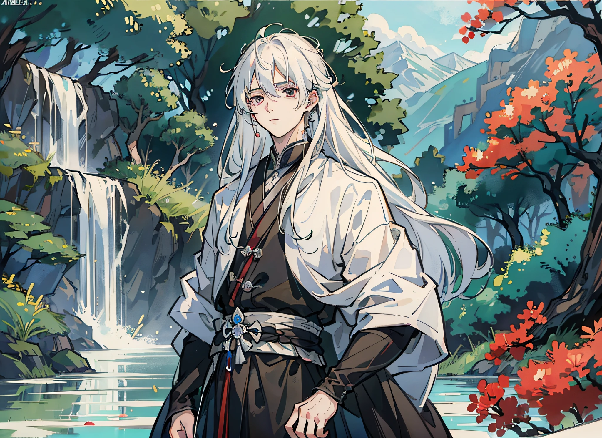 Anime, masterpiece, man, a boy, teenager, white hair, long hair, wearing black robes, breeze, trees, streams, Qingyunzong palace, mountain road, the overall appearance is dark --auto --s2