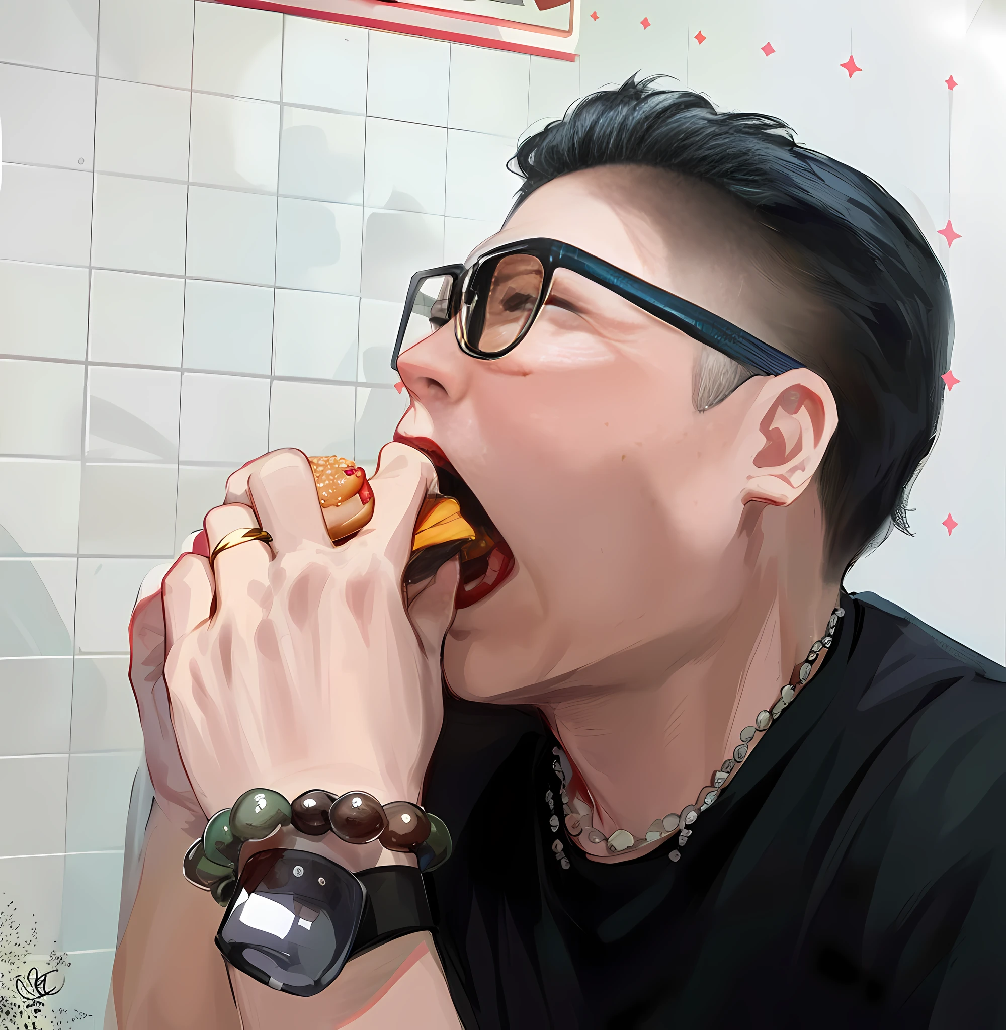 There is a man with short hair devouring hamburgers in a fast food restaurant, wearing black-framed glasses, wearing black short sleeves, a Rolex gold watch on his wrist, a string of Buddha beads on his hand, and a wedding ring on his ring finger, eating hamburgers with a human mouth, eating, opening his mouth. Huge jaws, devouring, fast food reviews, bbwchan, eating garlic bread