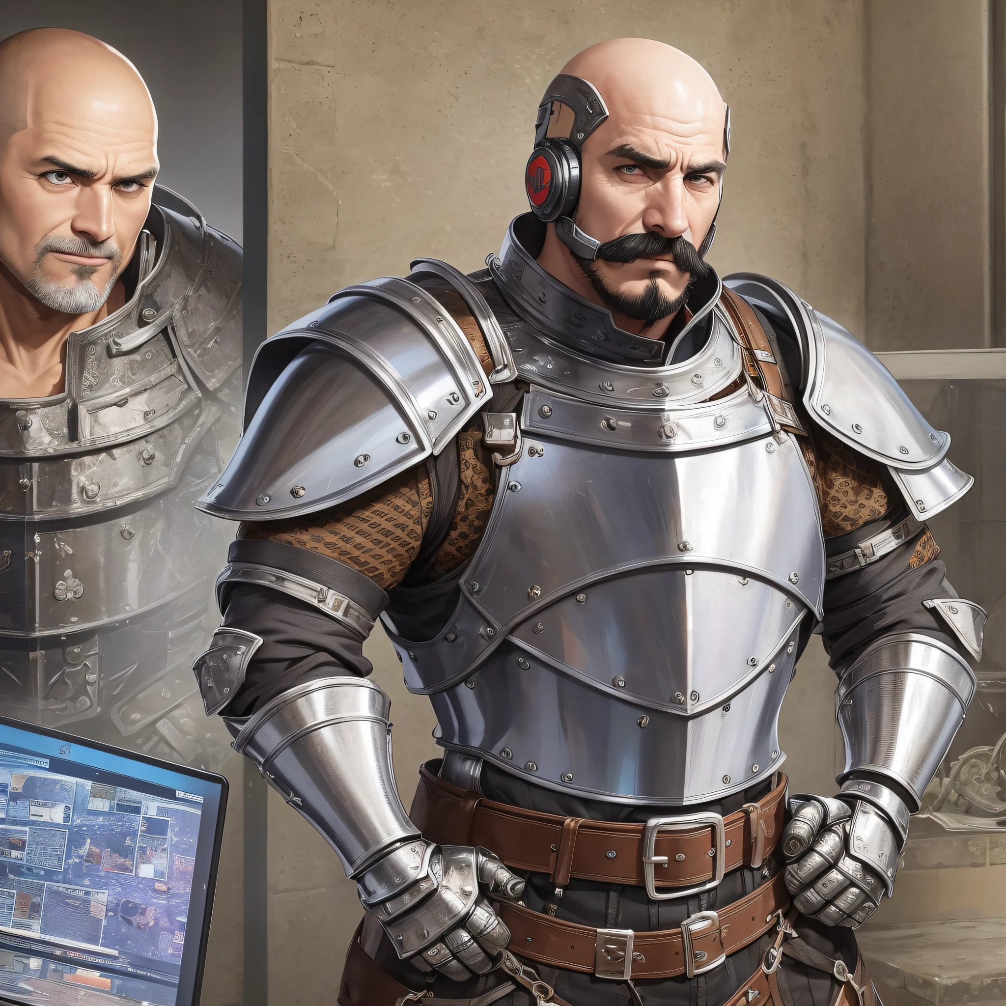 Screenshots of Anime A 40-year-old skinhead mustachioed man dressed like a medieval European knight stands looking at us. Part of the armor of the costume is patterned to resemble a computer keyboard Fine line art 2020s anime --auto --s2