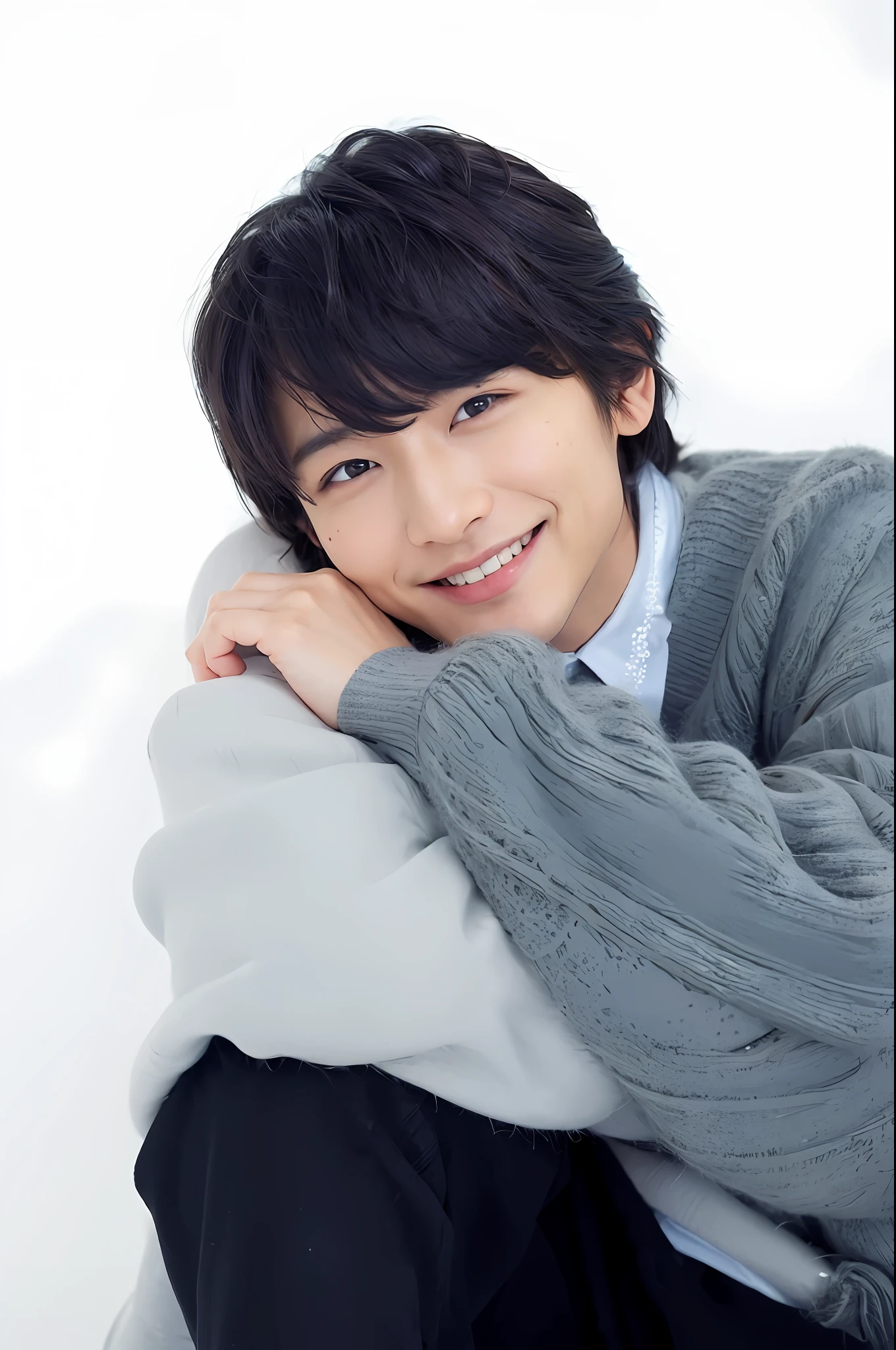 ((8k:1.27), highest quality, masterpiece, ultra high definition:1.2) Photograph of Japan men, voluminous with twisted spiral perm, face well-formed and smiling, white Y-shirt