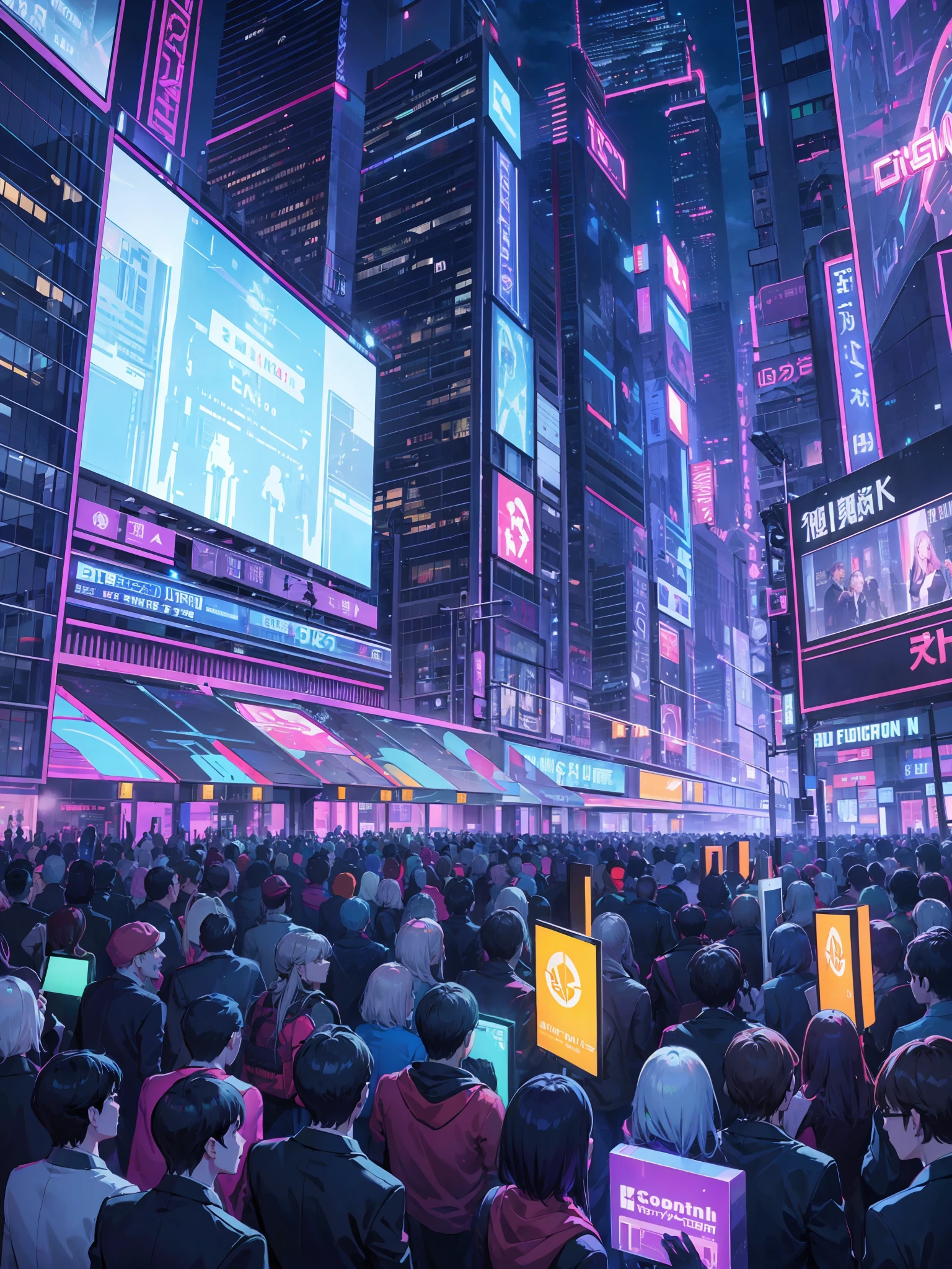 fictional city, near future (LED vision), (people gathering in LED vision), crowd of people looking up at billboard, billboard, cyber, AI, (view from the ground), night view, bright colors, disciplined building --auto --s2