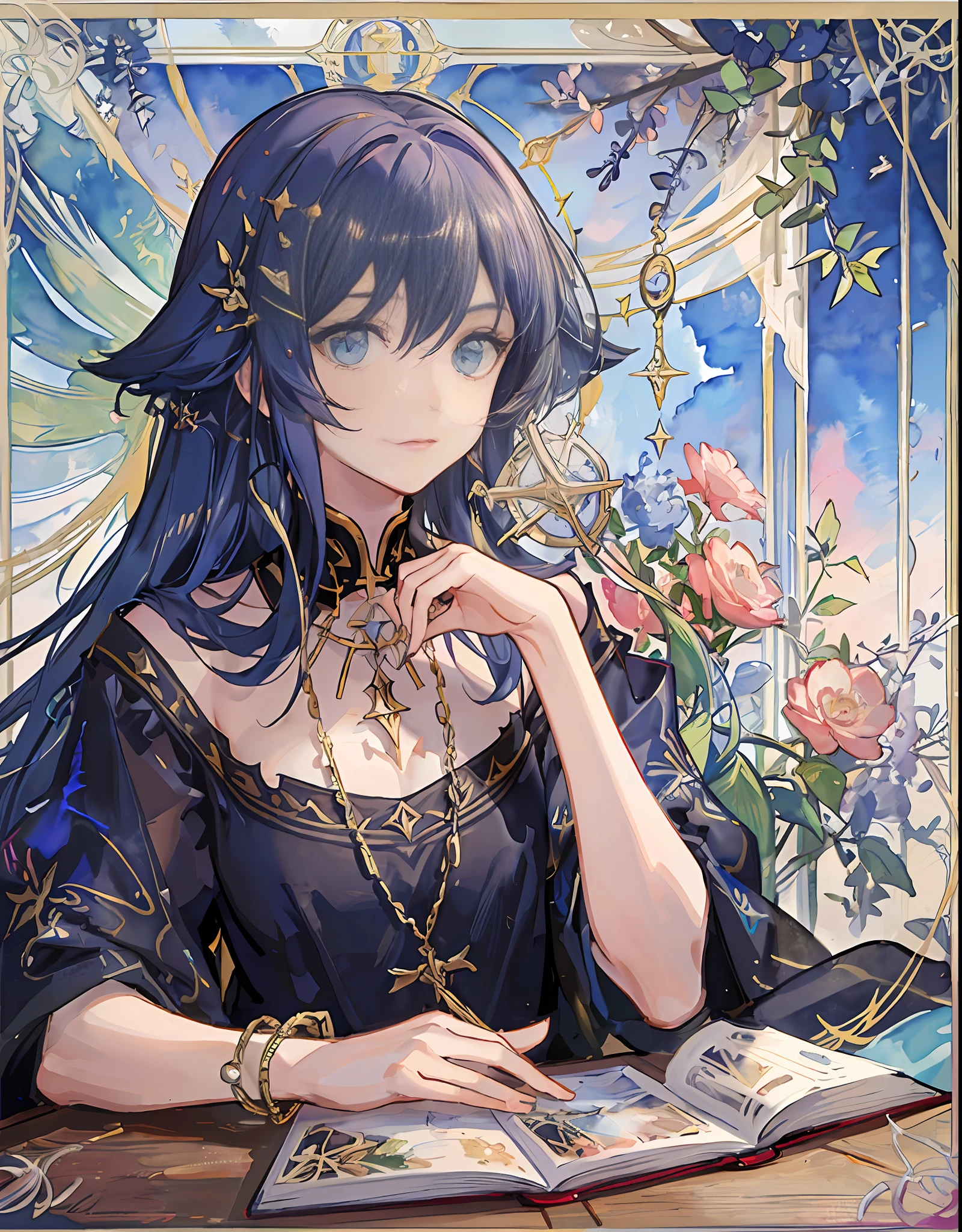 (Golden Ratio: 1.2),(2 Girls: 1.2),(Watercolor:1.3),[(White: 1.4)::10],(Fool: 1.2),(Super Detail:1.3),(Tarot Cards: 1.6),(Fool's Tarot: 1.6),(Beautiful:1.6),Glass-like Eyes