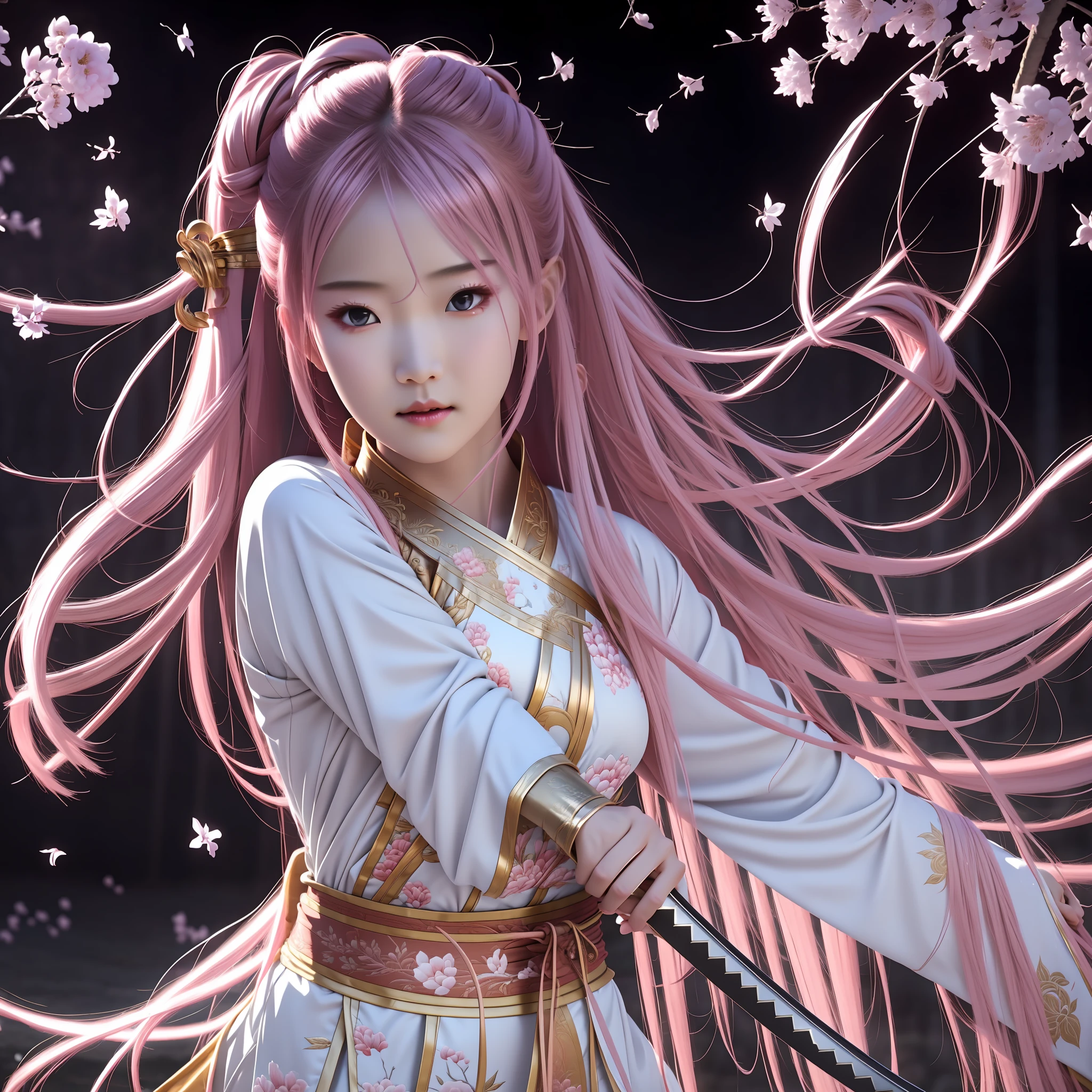 Ws,Snow, Flying Petals Under The Air,A girl fighting with a sword, she holds the sword to cover one eye, the other eye is looking at the opponent Hard Light, cinematic Light, A 16-Year-Old japaness Beautiful Girl In hanfu,girl Sword fighting Martial Arts Style, Chinese Fairy Tale, The Background Is Colorful Light Spots, Highly Detailed, Dynamic, Cinematic, Stunning, Realistic Lighting And Shading, Dramatic Light, Vivid Vibrant 8k,35mm Lens, Photorealistic, Kodak Portra