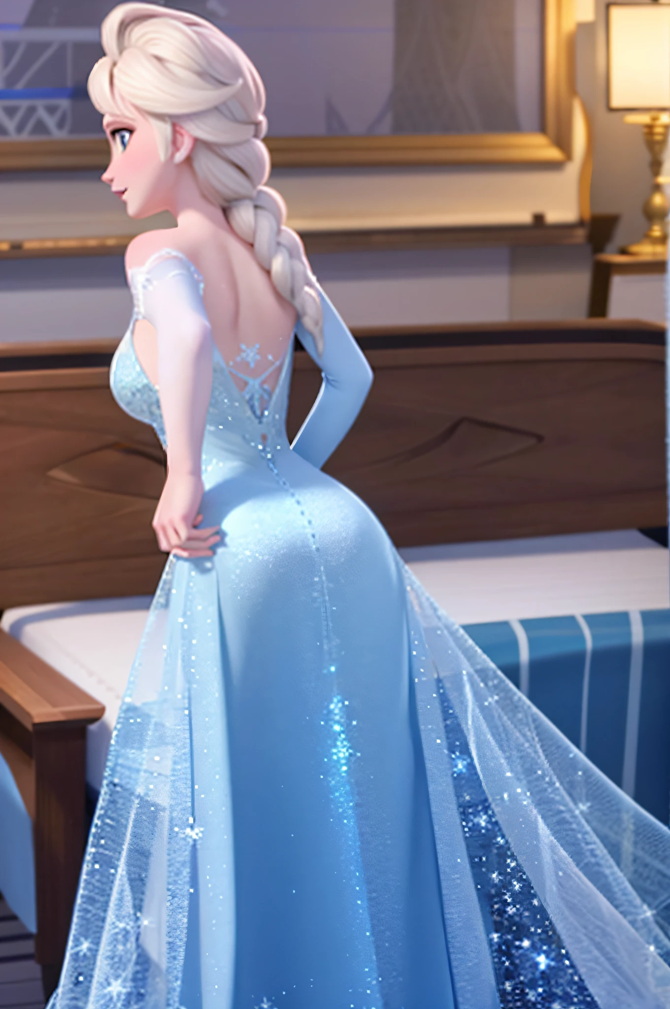 elsa of arendelle, blue ice dress, single braid, backside, bedroom, sexy