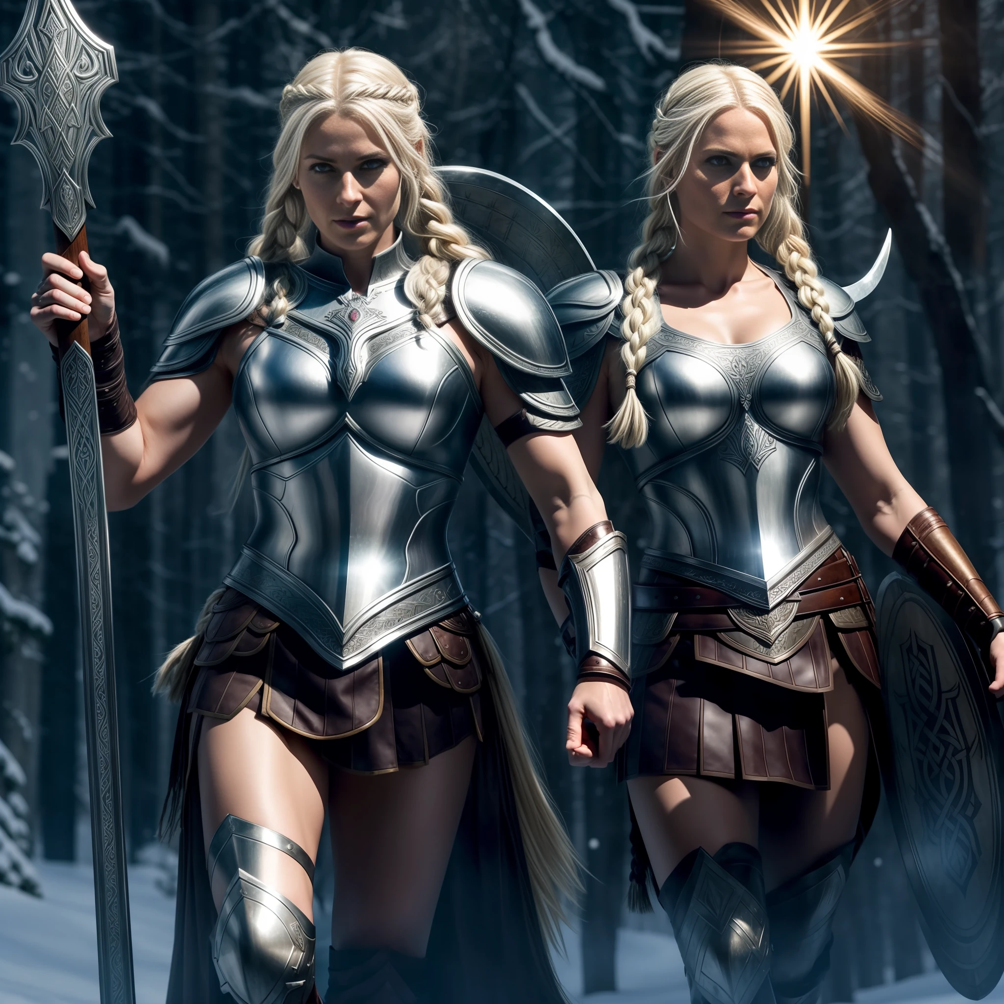 (masterpiece), realistic 35 year old woman, A beautiful, gorgeous, perfect and athletic Nordic warrior goddess Valkyrie, Platinum blonde with braids, snow-white skin, with Viking sword and armor, Wrapped in a glowing spiritual light, with a serious countenance.