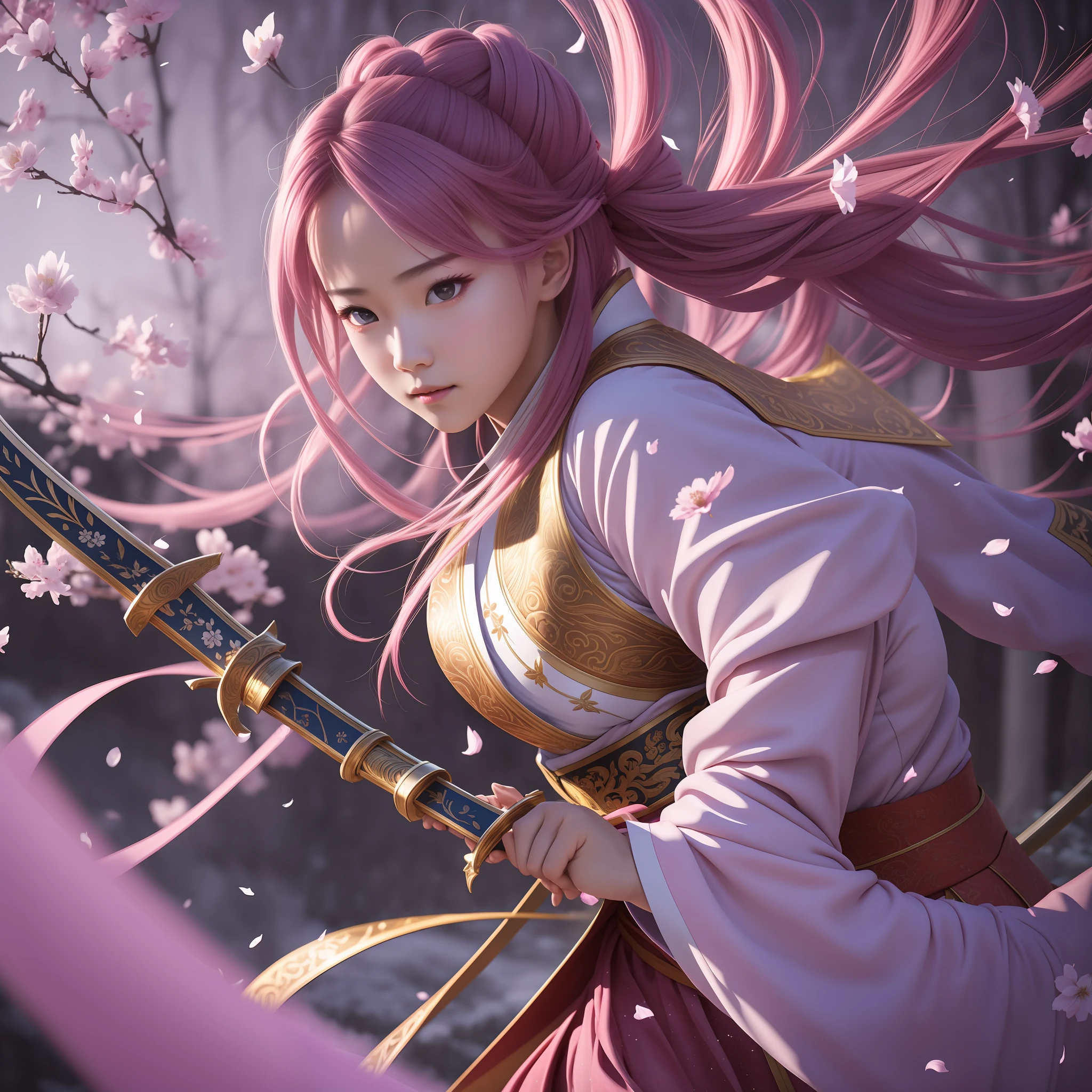 Ws,Snow, Flying Petals Under The Air,A girl fighting with a sword, she holds the sword to cover one eye, the other eye is looking at the opponent Hard Light, cinematic Light, A 16-Year-Old japaness Beautiful Girl In hanfu,girl Sword fighting Martial Arts Style, Chinese Fairy Tale, The Background Is Colorful Light Spots, Highly Detailed, Dynamic, Cinematic, Stunning, Realistic Lighting And Shading, Dramatic Light, Vivid Vibrant 8k,35mm Lens, Photorealistic, Kodak Portra