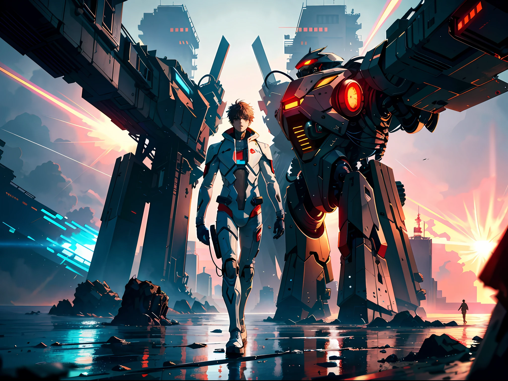 HD clear, best images, illustrations, super detailed, a young teenager in a cyberpunk style (white combat suit), detailed face, and facial features, standing on the seaside pier, revealing a deep breathing expression, behind him is a huge red mech