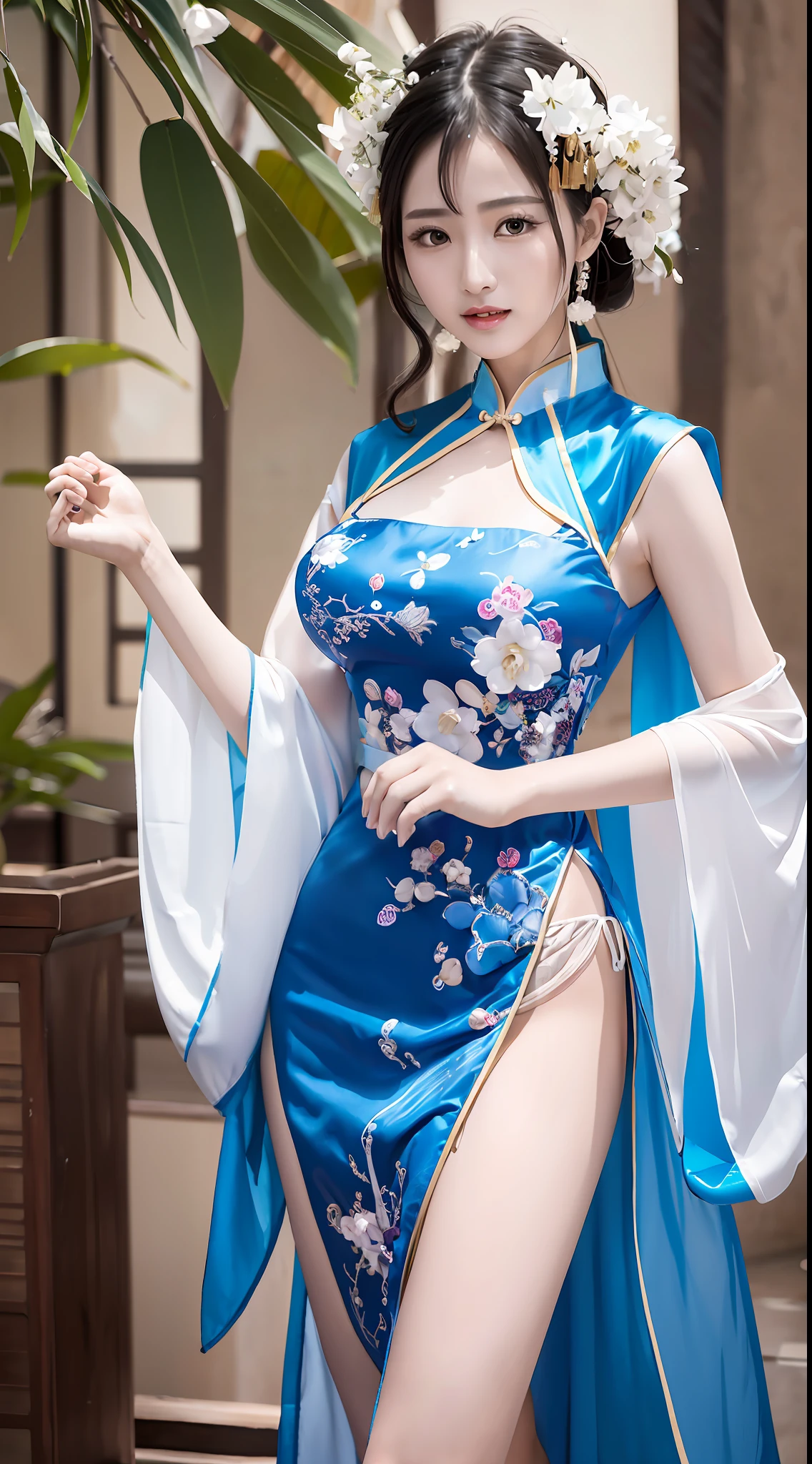 arafed asian woman in a blue dress posing for a picture, wearing two - piece swimsuit, chinese costume, lunar themed attire, inspired by Leng Mei, fantasy style clothing, hanfu, fantasy outfit, queen of the sea mu yanling, white hanfu, chinese dress, traditional chinese clothing, very beautiful elven top model, with acient chinese clothes