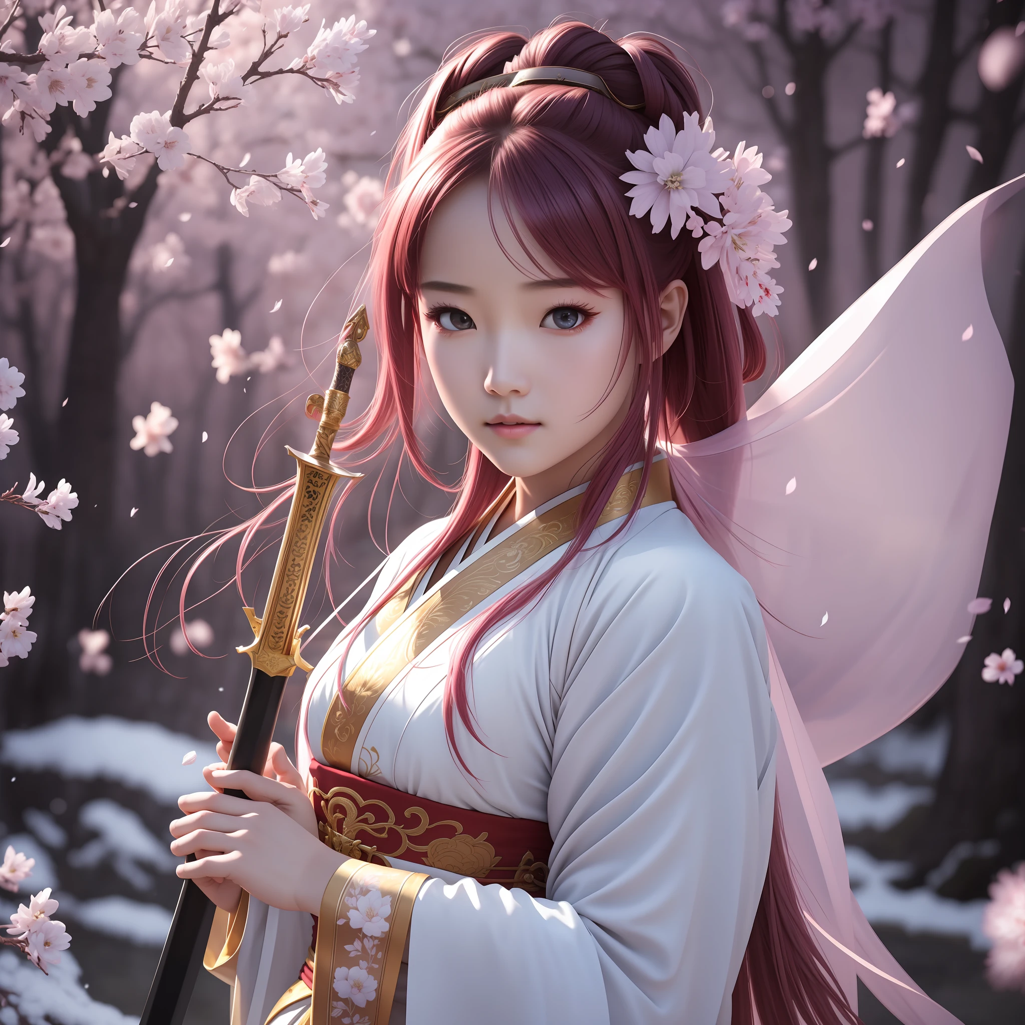 Ws,Snow, Flying Petals Under The Air,A girl fighting with a sword, she holds the sword to cover one eye, the other eye is looking at the opponent Hard Light, cinematic Light, A -Yeld jaess Beautiful Girl In hanfu,girl Sword fighting Martial Arts Style, Chinese Fairy Tale, The Background Is Colorful Light Spots, Highly Detailed, Dynamic, Cinematic, Stunning, Realistic Lighting And Shading, Dramatic Light, Vivid Vibrant 8k,35mm Lens, Photorealistic, Kodak Portra