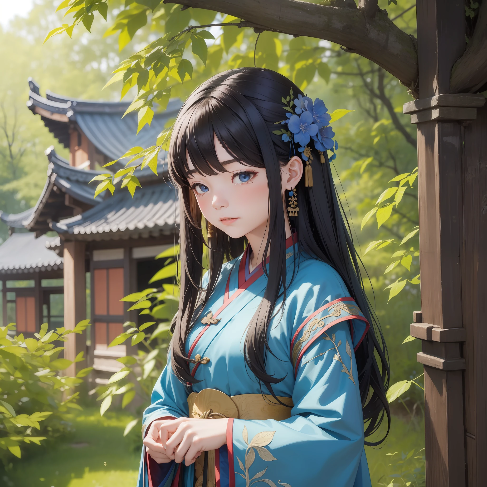 Absurd resolution, high resolution, (masterpiece: 1.4), hyperdetail, ancient China, a young girl dressed in blue and long black hair standing under a locust tree (1.3) (with a wooden staff 1.5), shabby grass hut 1.5 in the background, crying (1.2), wearing shabby Chinese Hanfu 1.3 (upper body display 1.5) (sleeping action 1.5)