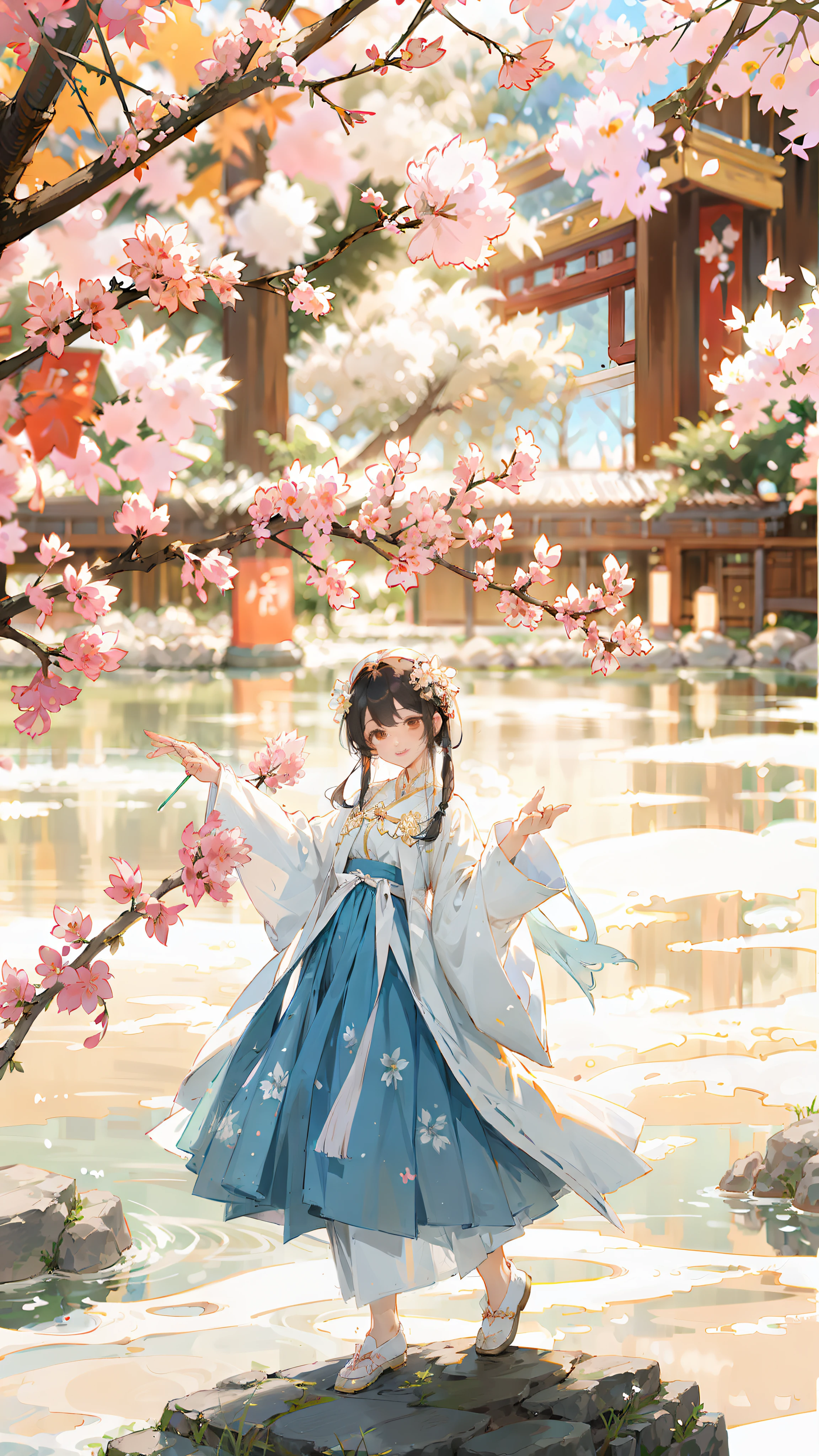 arafed asian woman in a blue dress and white kimono standing on a rock, palace , a girl in hanfu, white hanfu, hanfu, traditional chinese clothing, with acient chinese clothes, chinese costume, 中 元 节, wearing ancient chinese clothes, chinese girl, flowing sakura silk, flowing sakura-colored silk, by Leng Mei