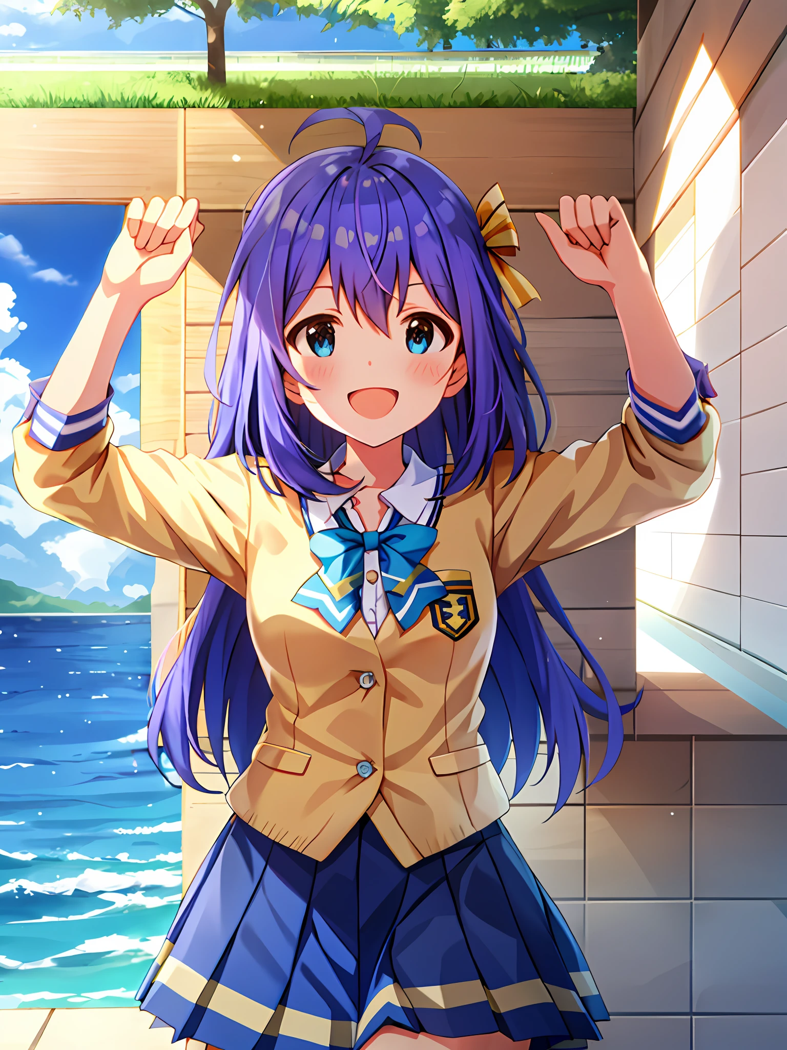 Anna Mochizuki (Million Live), Shiny Trinity \ (Costumes), (Top Quality, 8K, Masterpiece, Super Detail: 1.2), Sea, Sun, Dappled Sunlight, Blue Sky, Beautiful Clouds,
1 girl, solo, skirt, smile, open mouth, V, watch viewer, white sailor collar, blue shirt, sailor collar, blue skirt, pleated skirt, short sleeve, :d, shirt, school uniform, blush, seraphuk, collarbone, bow, ribbon, blue bow.arms spread.chest.clench fists.