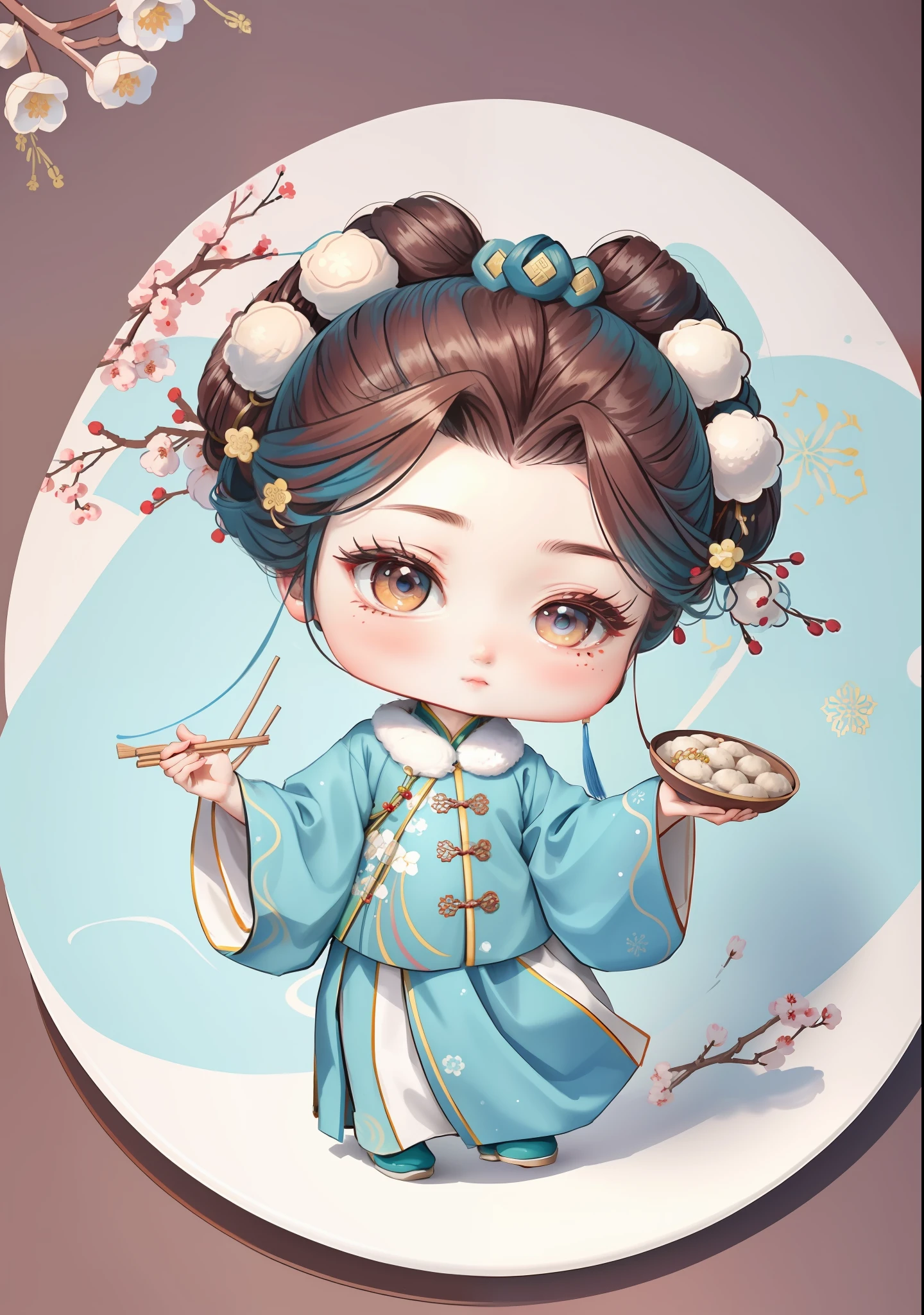 A Chinese girl in Hanfu, holding a plate of dumplings, winter, winter solstice, chopsticks, brown hair, ancient Chinese hair bun, pattern, blue-green color matching, hair balls on both sides, some plum blossom hair, color blocks are bright, bright colors, line art, infinite details, fine painting, exquisite portrayal, blank background 8k,