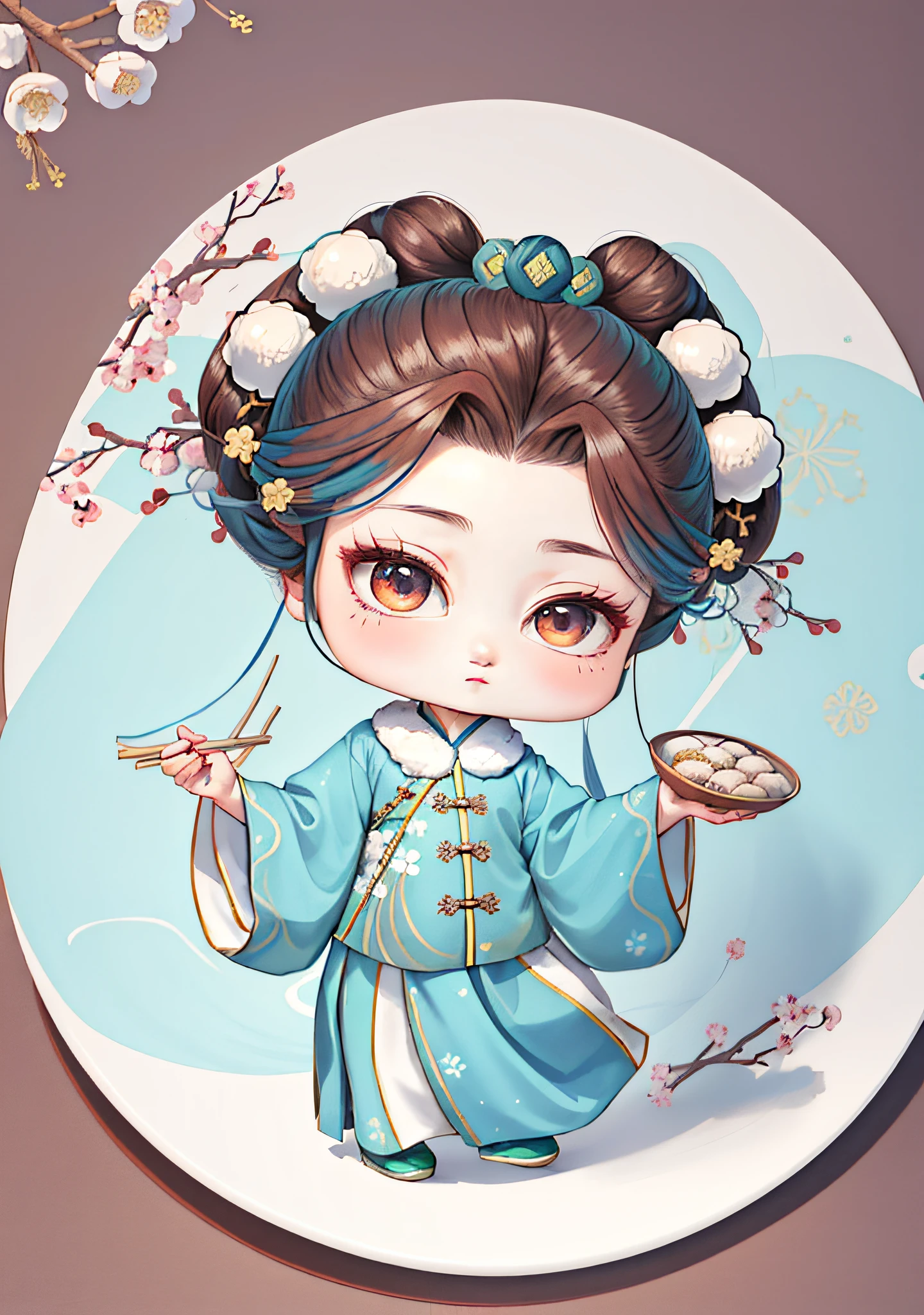 A Chinese girl in Hanfu, holding a plate of dumplings, winter, winter solstice, chopsticks, brown hair, ancient Chinese hair bun, pattern, blue-green color matching, hair balls on both sides, some plum blossom hair, color blocks are bright, bright colors, line art, infinite details, fine painting, exquisite portrayal, blank background 8k,