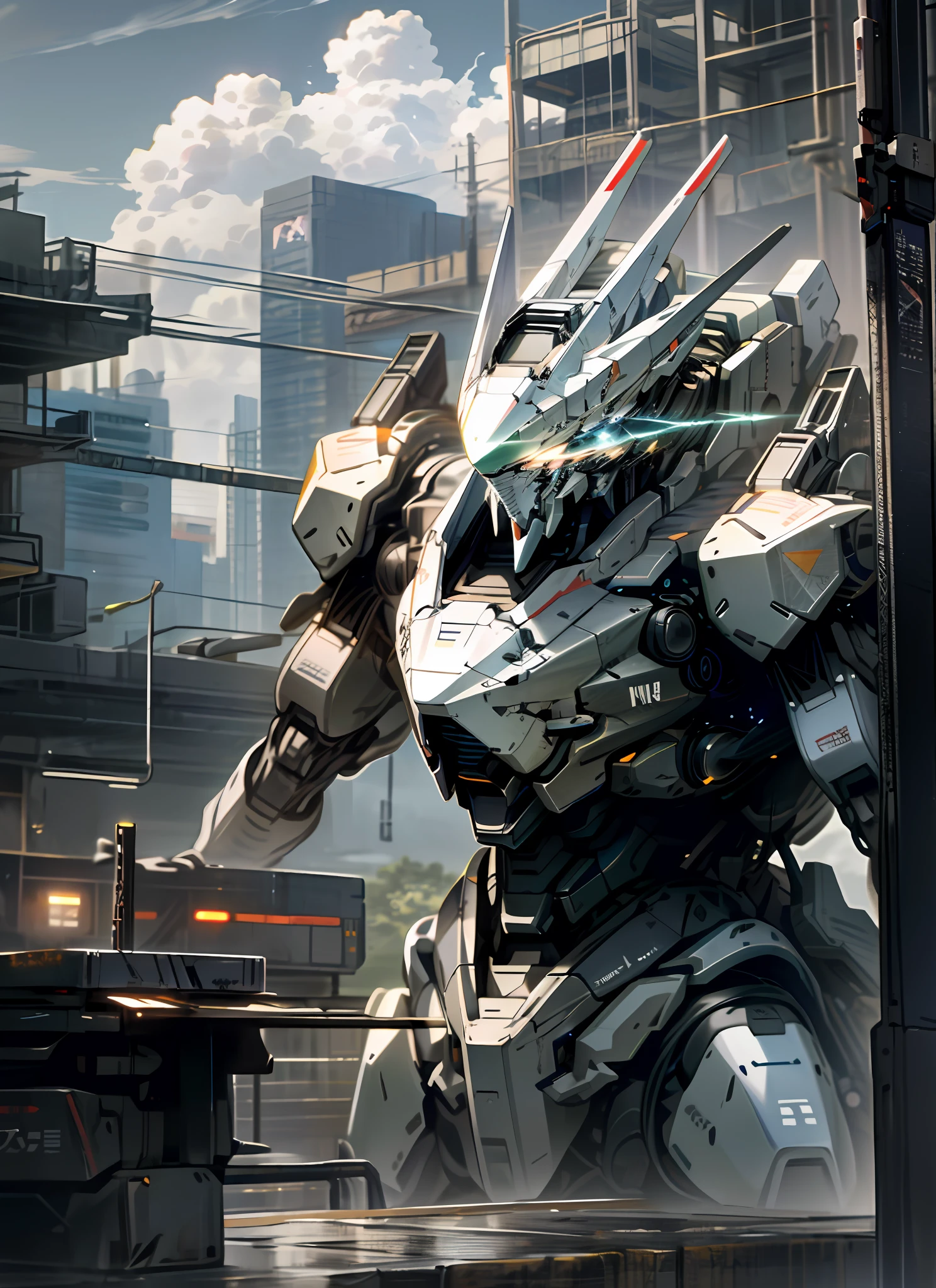 sky, cloud, holding_weapon, no_humans, glowing, , robot, building, glowing_eyes, mecha, science_fiction, city, realistic,mecha