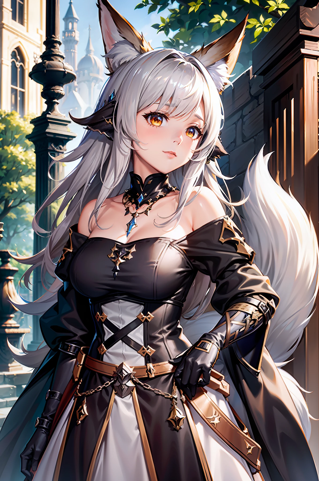 Middle Ages, extremely detailed CG wallpaper, (arknights: 1.01), (cygames: 1.03), solo, a woman wearing an off-the-shoulder skirt, a jeweled necklace, (nine large fox tails: 1.6)