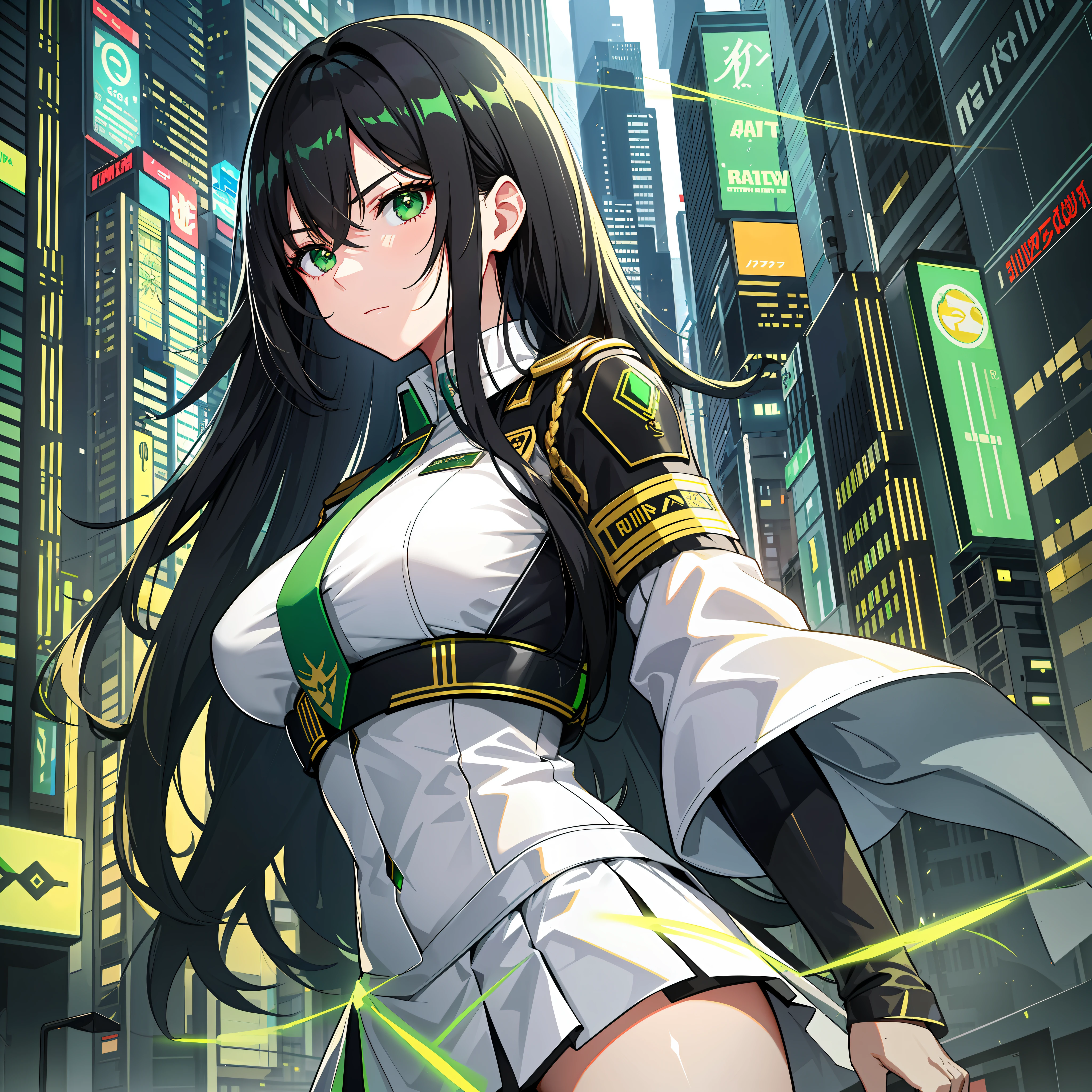 Adult, one female, Long black hair with green line in the middle, white shirt with Rank on the shoulder , short green skirt with gold trim,Attack mode, in a cyberpunk city mirroria, Slanted eyes, Glare, third person, masterpiece