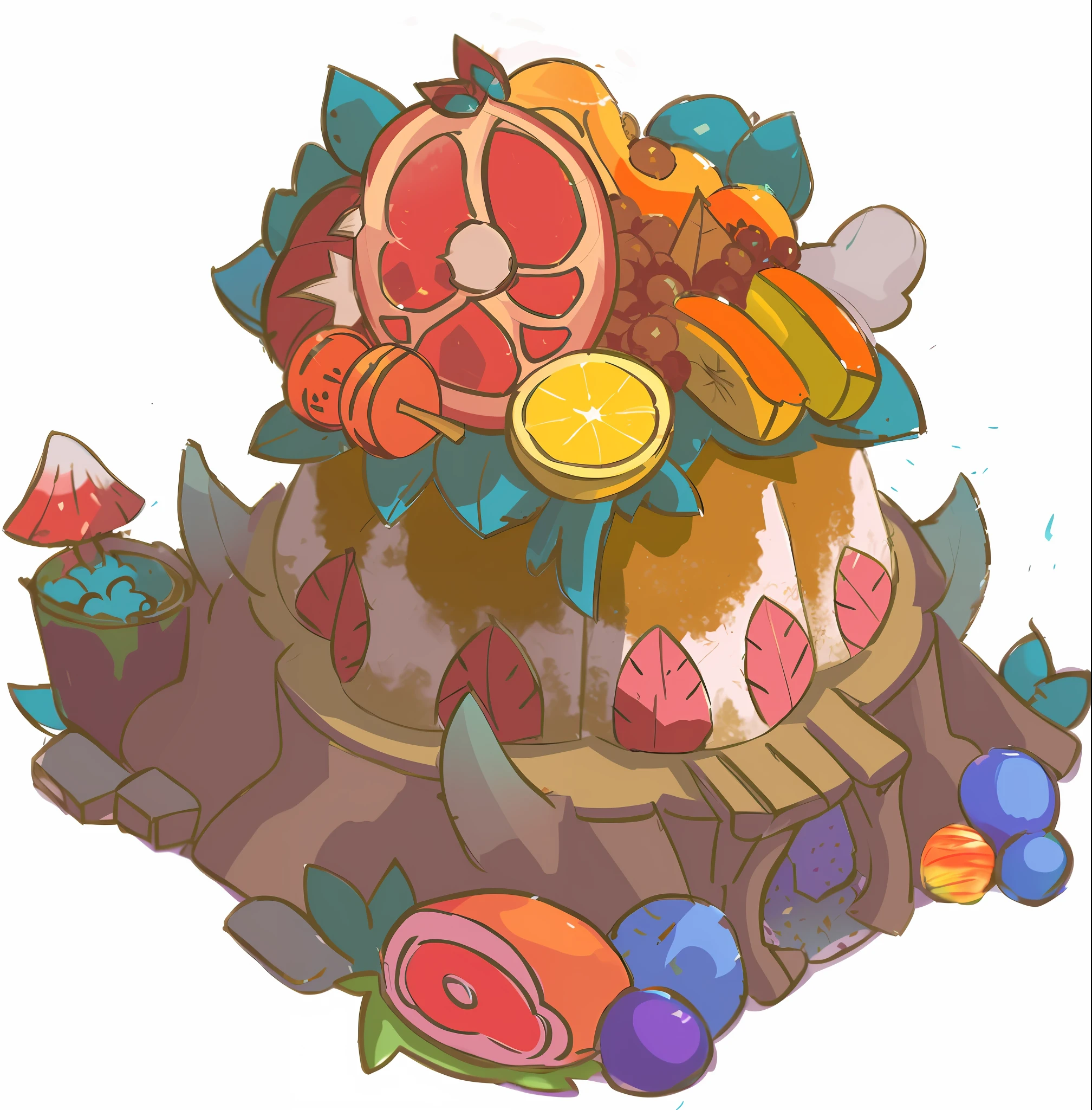 a cartoon image of a cake with fruit and vegetables on top, background art, graphic of enchanted terrarium, overflowing feast buffet table, detailed!, candy forest, style of duelyst, background artwork, stylized concept art, concept art, concept art, rendered art, heavily stylized, stylized game art, concept piece, fruit monster, stylized art, mmmmm
