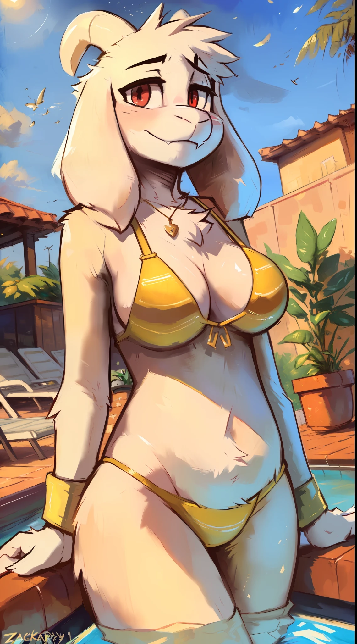 uploaded on e621, (((by Zackary911, by Kenket, by Kilinah, by Zackary911))), solo female (((Asriel))), wear (((golden wristband and jewelry and golden bikini))), (detailed goat Asriel), (detailed lighting),(detailed fur), (detailed breasts), (detailed skin), BREAK, ((standing at hotel suite outdoor swimming pool with plant on sunny day)), (cinematic lighting), ((detailed background)), ((depth of field)), (half body shadow), ((looking at viewer)), (low-angle view), ((three-quarter view)), [backlighting], [detailed ambient light], [gray natural lighting], [ambient light on the belly], [realistic proportions], [explicit content, adult, nsfw], [sharp focus], (questionable content), (shaded), (hi res), ((masterpiece)), half-closed eyes, Big breast, thicc, red eyes