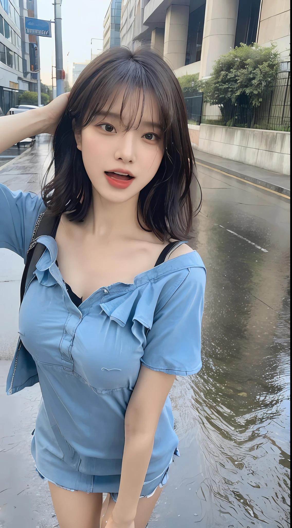 ((Best Quality, 8K, Masterpiece:1.3)), Focus:1.2, Perfect Body Beauty:1.4, Buttocks:1.2, ((Layered Haircut, Breasts:1.2)), (Wet Clothes:1.1) , (Rain, Street:1.3), Bandeau Dress: 1.1, Highly Detailed Face and Skin Texture, Fine Eyes, Double Eyelids, Whitened Skin, Long Hair, (Open Mouth: 1.3)