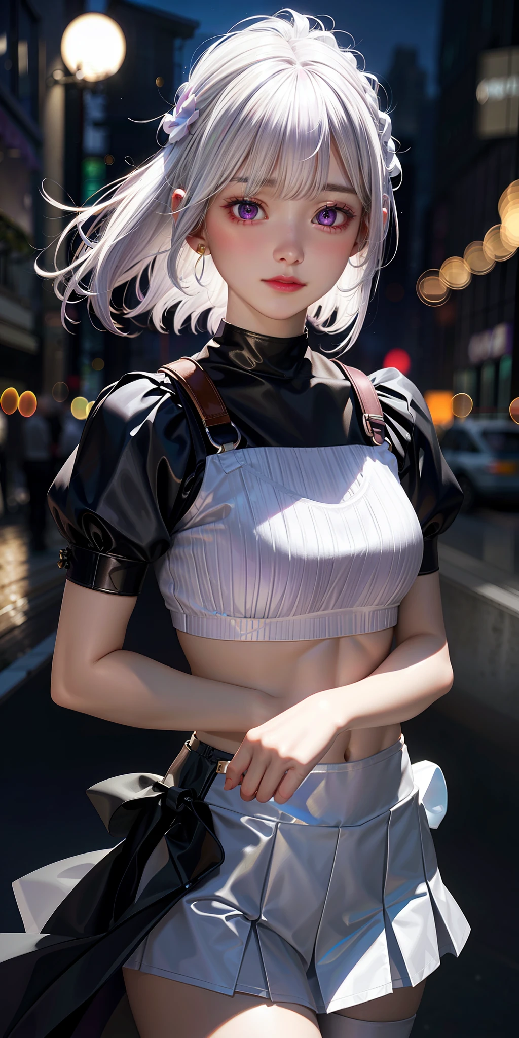 realistic, 1girl, white hair, purple eyes, glowing eyes, crop top, skirt, parted lips, blush, night, flowers, sun, sunlight,