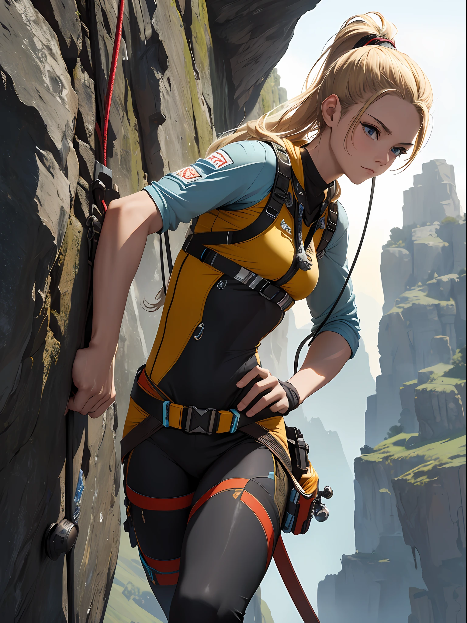 16K, HDR, RTX, closeup shot, best quality, masterpiece, highly detailed, masterpiece, intricate, beautiful rock climber, sexy, tomboy, feminine, long blonde hair, muscular, petite, rock climbing gear, ropes, equipment, jagged rocks, adventurous, thrilling, risky,
