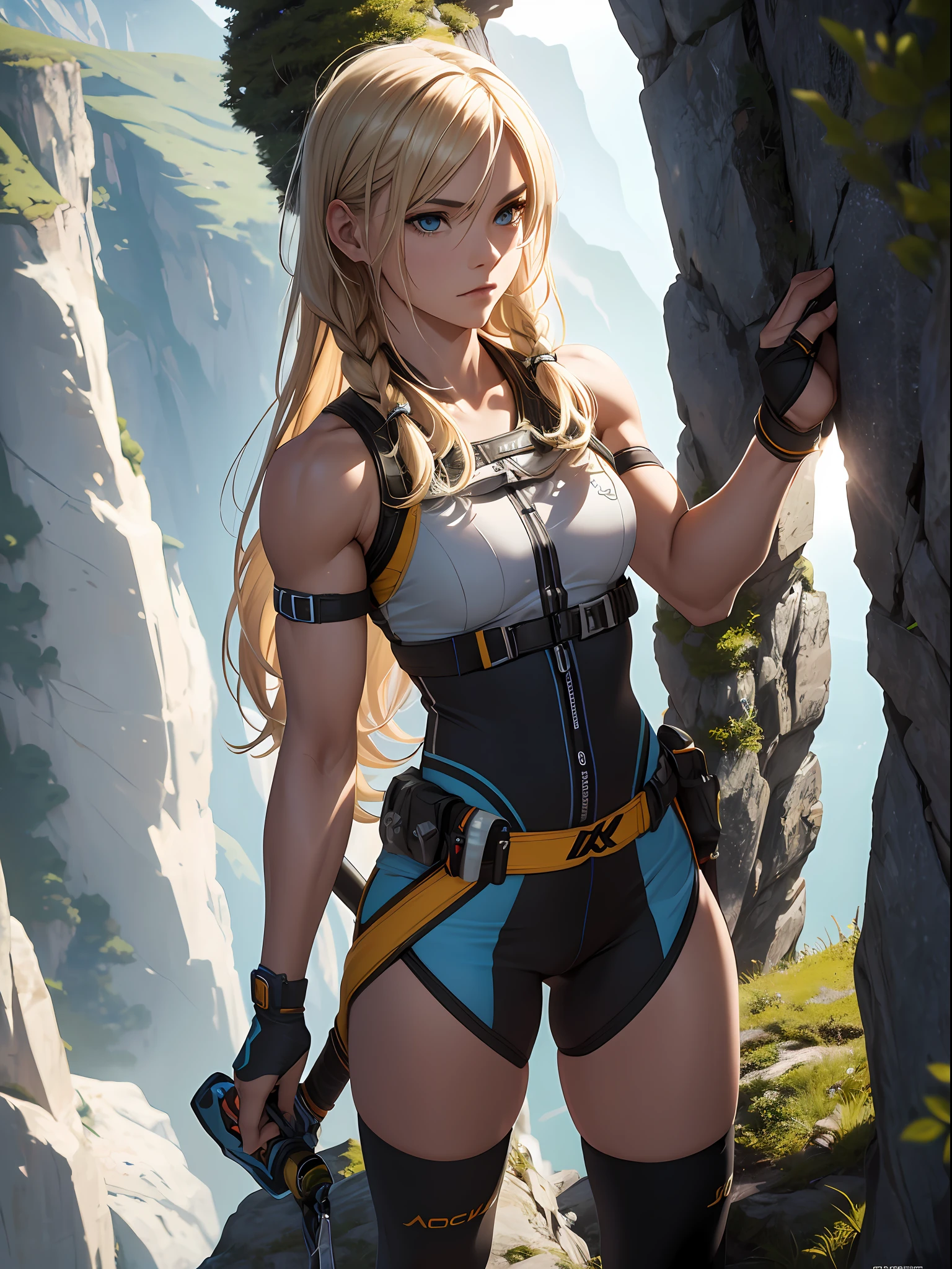 16K, HDR, RTX, closeup shot, best quality, masterpiece, highly detailed, masterpiece, intricate, beautiful rock climber, sexy, tomboy, feminine, long blonde hair, muscular, petite, rock climbing gear, ropes, equipment, jagged rocks, adventurous, thrilling, risky,