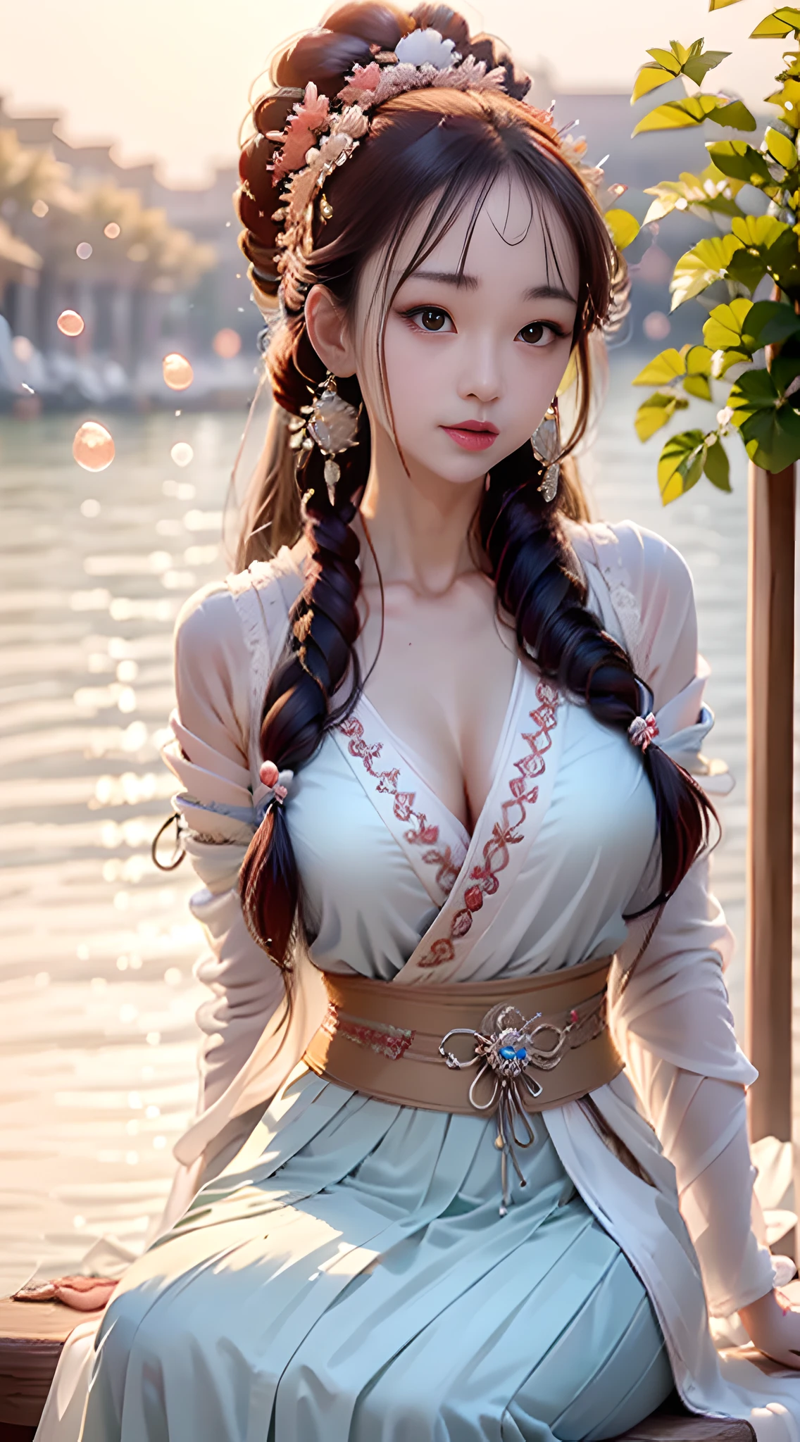 closeup on face, female pubic hair, Chinese wind, ancient wind, red color Hanfu, Seated position, long long hair, Delicate clothing patterns, elegant, ornate, elegent, seas, Red ribbon, Water magic, Water, Sense of brokenness, liuli, The underwater world, bubble, coral, Koi, Finned wings, Staff, pearl, aquamarine, closeup on face, twin braids, hair strand, diagonal bangs, hair ribbon, hair ornament, forehead jewel, jeweled branch of hourai, crescent hair ornament, fish hair ornament, god rays, sparkle, cinematic lighting, lens flare, UHD, high details, high quality, highres, best quality, 8k, 16k, high details, high quality, super detail, anatomically correct, masterpiece, ccurate