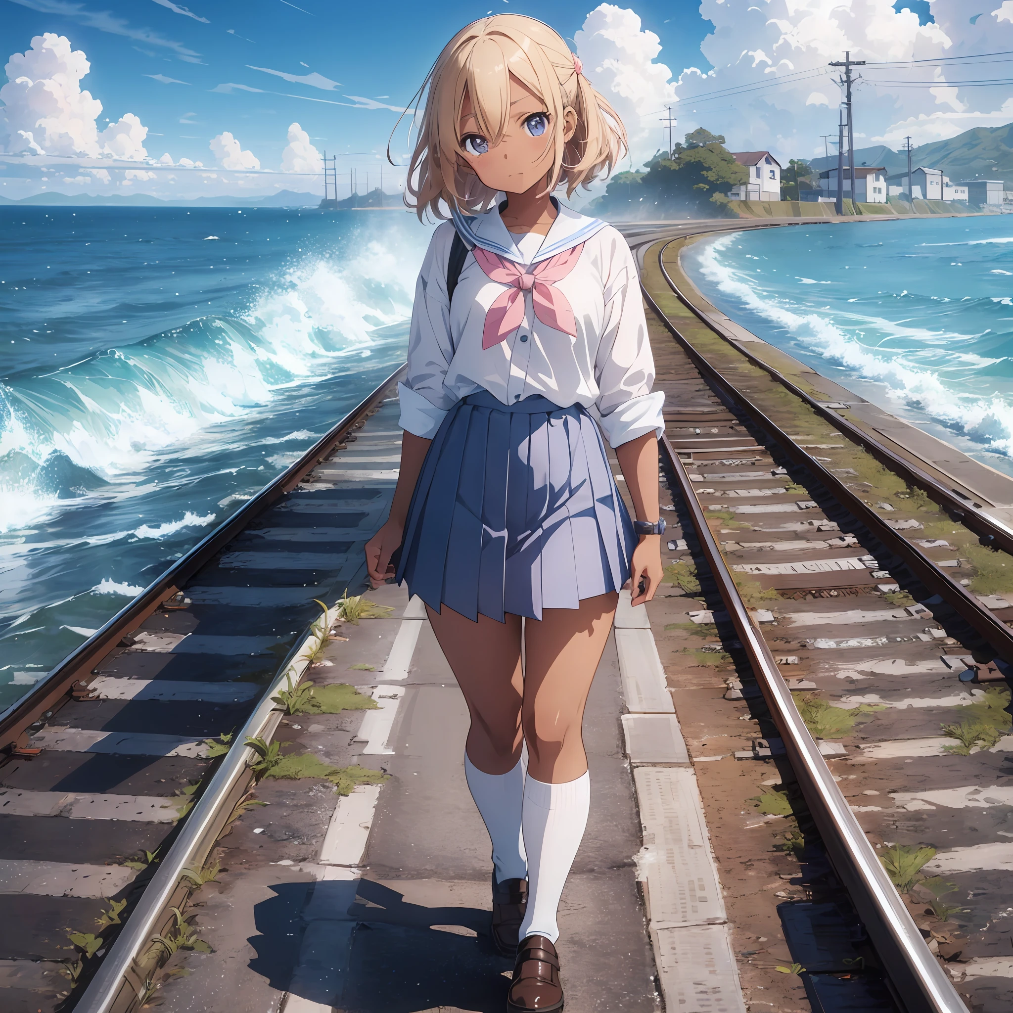 railroad tracks on the sea, sea, pink and light blue school uniform, headwind, strong wind, forehead visible, blue sky, (dark skin: 1.3), brown skin, movie lighting, thick eyebrows, small, beautiful blonde, (masterpiece), ((highest quality)), (super detailed), glossy skin, full body anime girl, solo, clean and detailed anime face, high resolution anime eyes, five fingers, textile shading, Perfect human structure, perfect anatomy,