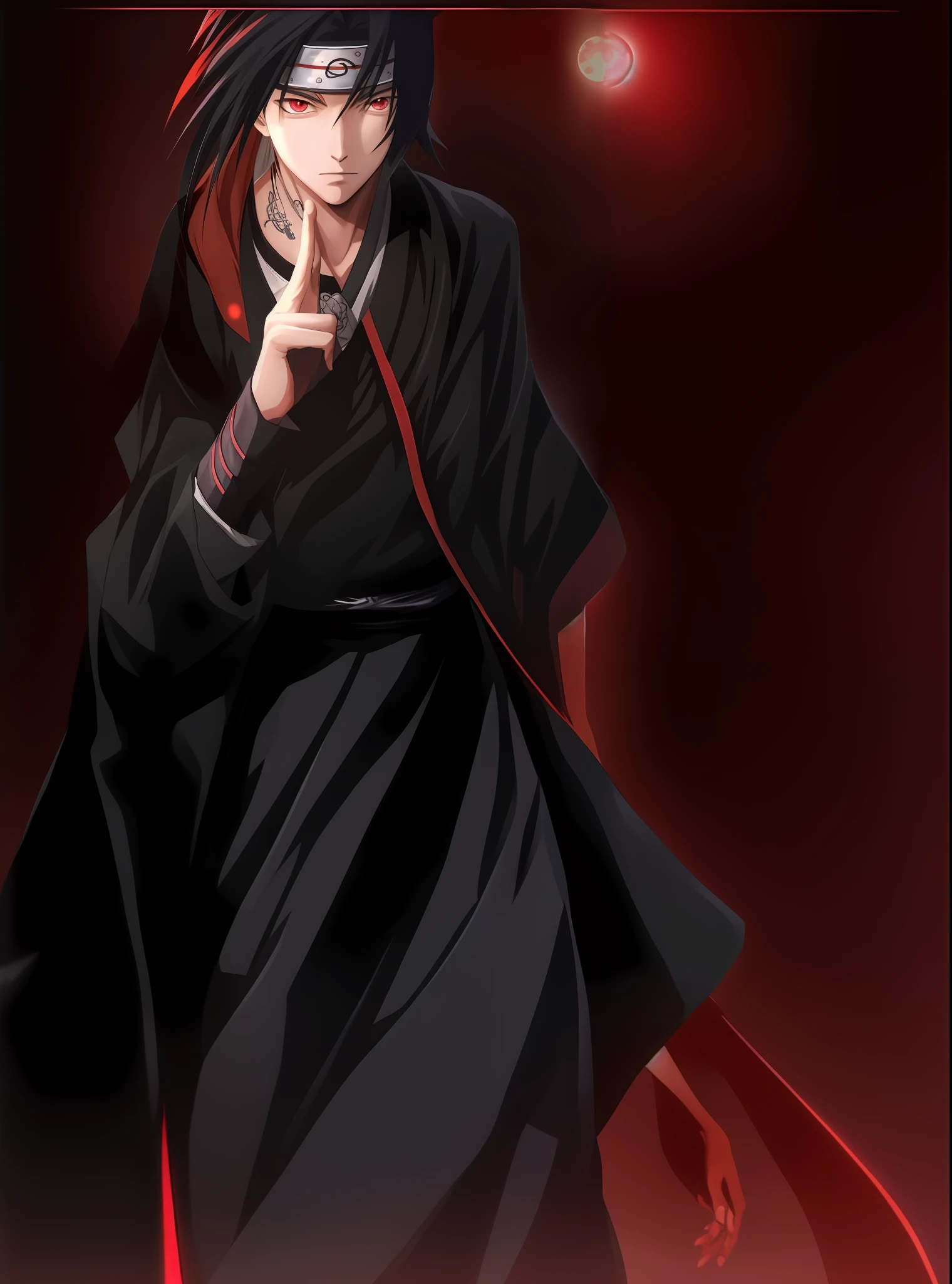a close up of a person with a finger on their index, itachi uchiha, itatchi uchiha, itachi, akatsuki akira, ryuu, sasuke uchiha, handsome japanese demon boy, madara uchiha, inspired by Asai Chū, with red glowing eyes, inspired by Munakata Shikō