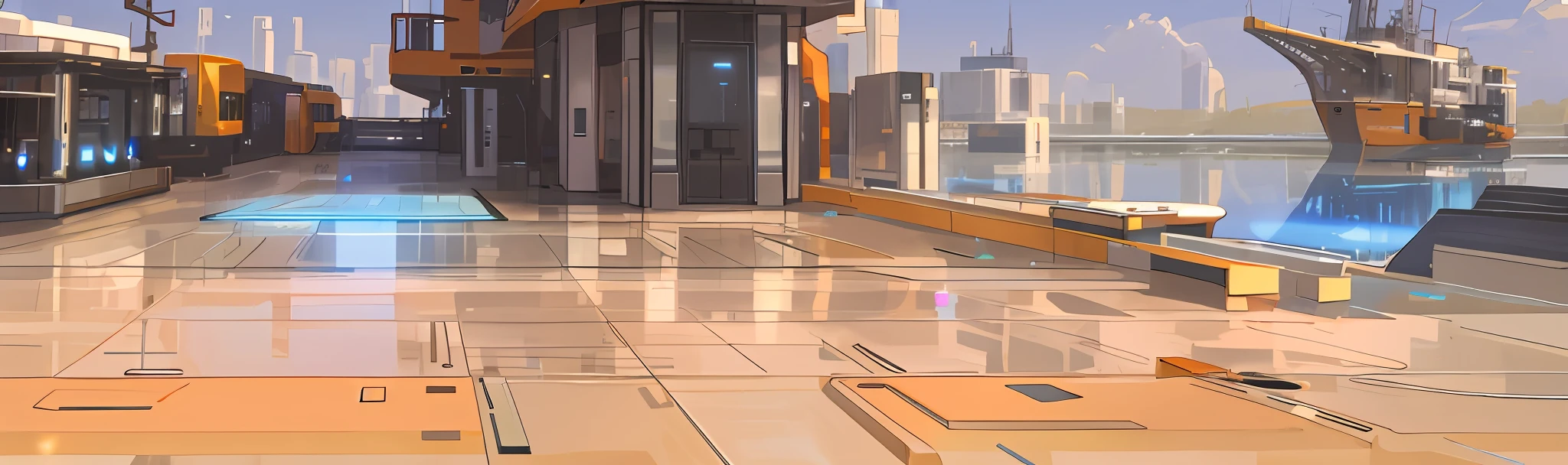 Technology sense glass floor, outdoor scene science fiction dock scene, full of technology, empty glass floor, modern, rich in details, glass, HD