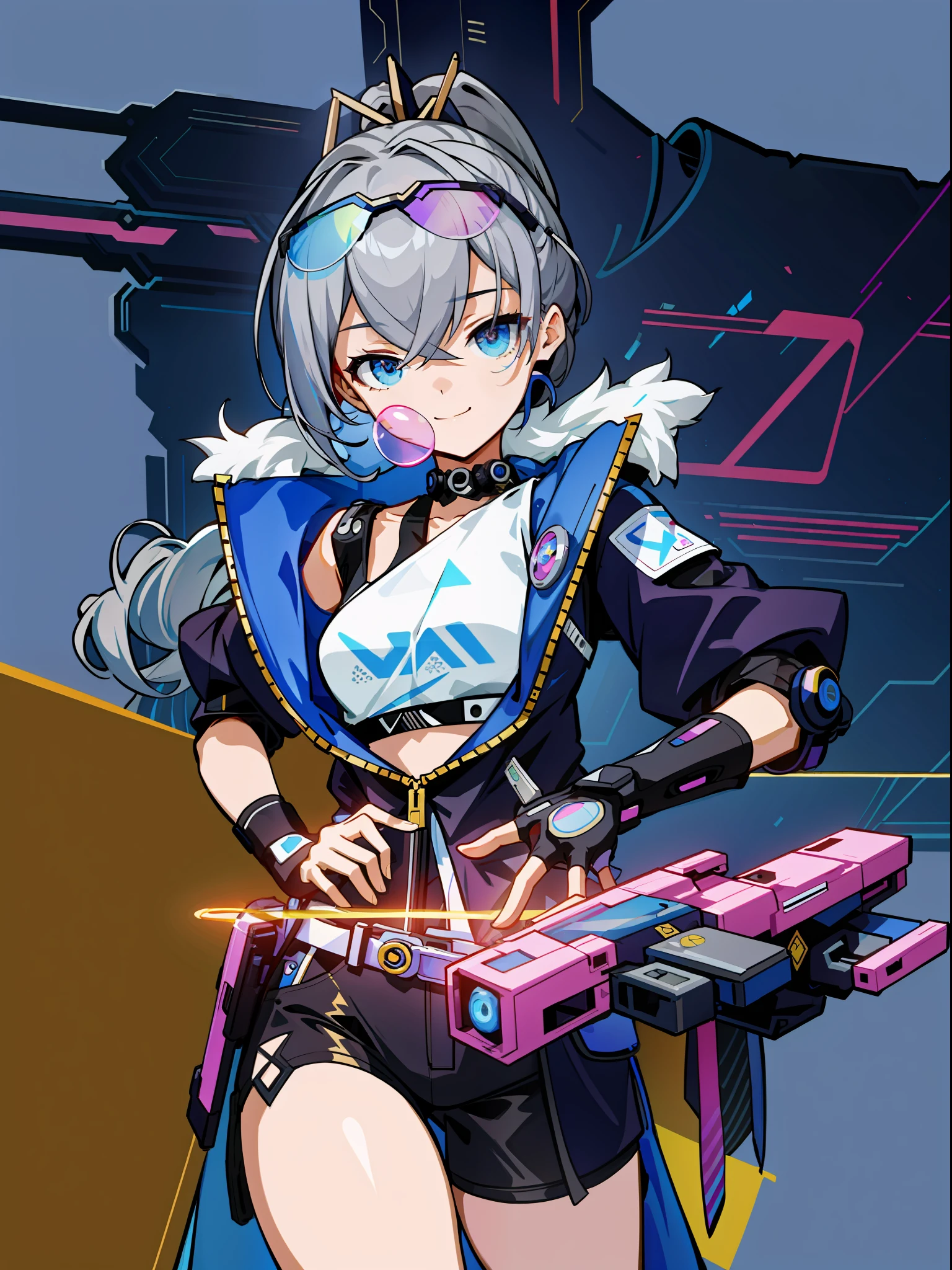 ((masterpiece)), super high quality, curly high ponytail girl, gray hair, cyberpunk style, blowing bubble candy, dressed in cyberpunk street style clothing. The whole painting is full of science and technology culture, the face is grim, exuding a glacier-like aura, petite figure, smile, dynamic posture, golden section, lens highlights focus, large aperture, side light effect, white background, clear details, bright tones, very impactful picture, clear brush, half body, full of details, vivid eyes, light and shadow tracking