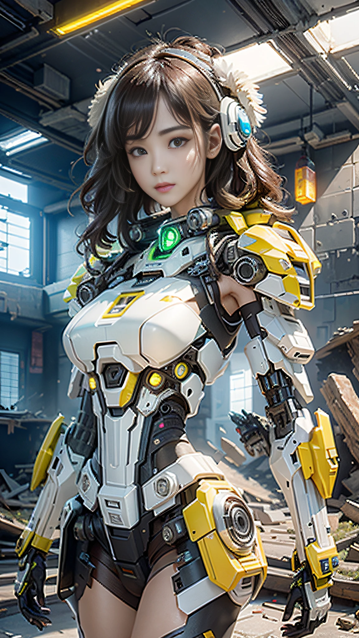 ((Best quality)), ((masterpiece)), (highly detailed:1.3), 3D, low light, broken building, Shitu-mecha, beautiful cyberpunk women with her mecha in the ruins of city from a forgoten war, ancient technology,HDR (High Dynamic Range),Ray Tracing,NVIDIA RTX,Super-Resolution,Unreal 5 engine,Subsurface scattering,PBR Texturing,Post-processing,Anisotropic Filtering,Depth-of-field,Maximum clarity and sharpness,Multi-layered textures,Albedo and Specular maps,Surface shading,Accurate simulation of light-material interaction,Perfect proportions,Octane Render,Two-tone lighting,Low ISO,White balance,Rule of thirds,Wide aperature,8K RAW,Efficient Sub-Pixel,sub-pixel convolution,luminescent particles,light scattering,Tyndall effect