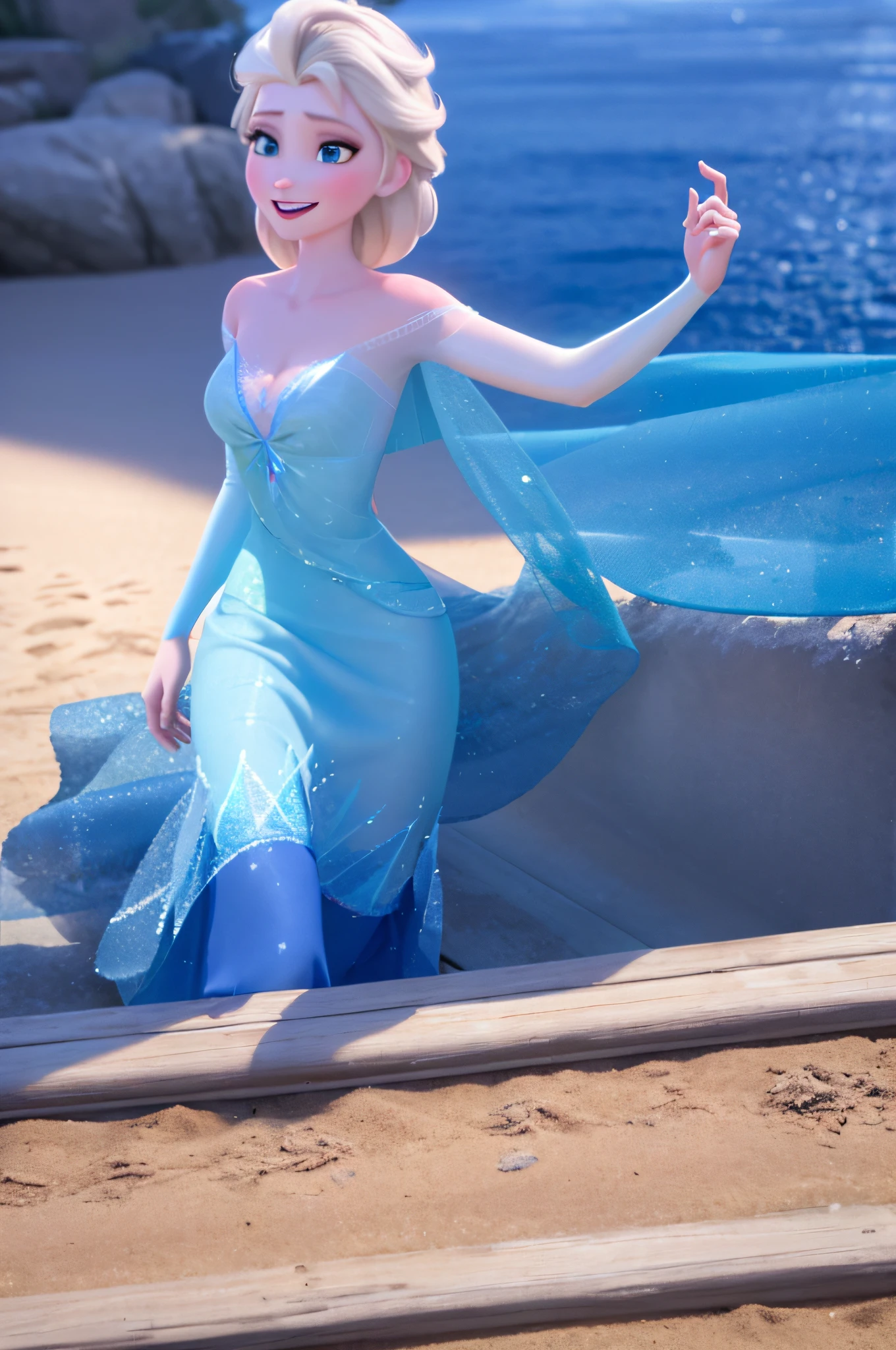 1girl, elsa of arendelle, wearing blue bikini, looking at viewer, smile, seductive, masterpiece, 8k, high resolution image, beach