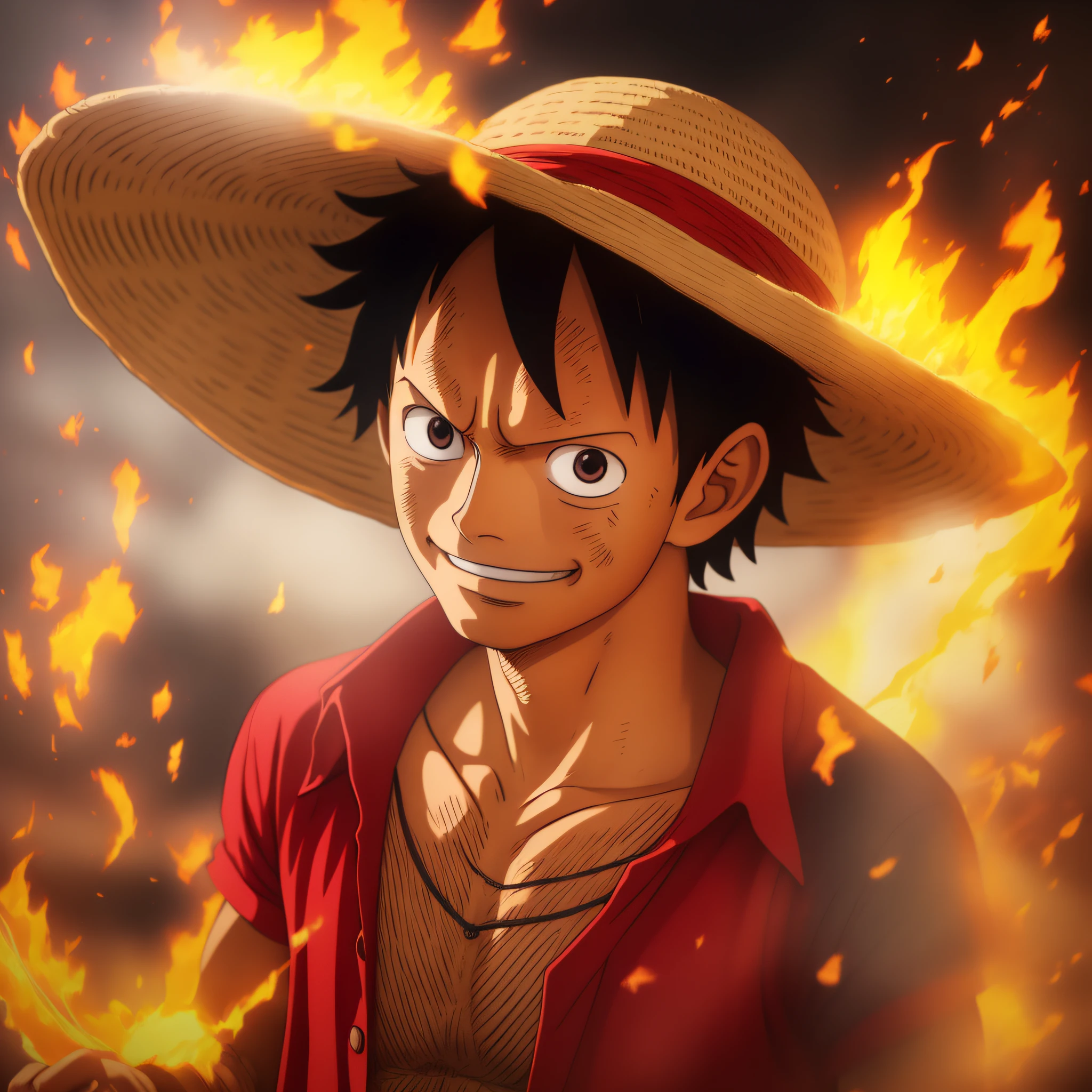 1boy, wanostyle, monkey d luffy, smiling, straw hat, looking at viewer, solo, upper body, ((masterpiece)), (best quality), (extremely detailed), depth of field, sketch, dark intense shadows, sharp focus, soft lighting, hdr, colorful, good composition, fire all around, spectacular, closed shirt, anime screencap, scar under eye, ready to fight, black eyes