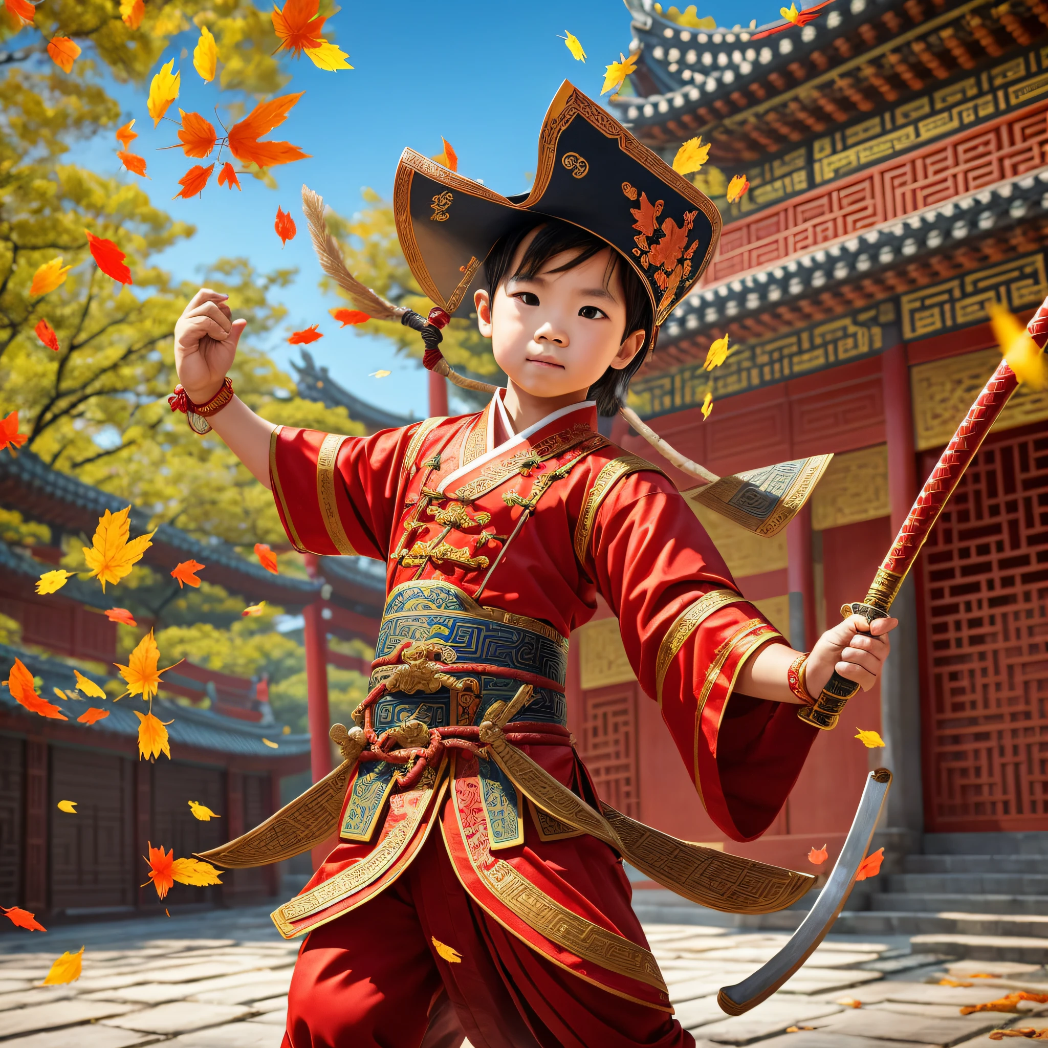 Determined little boy holding a dancing sword in the background of ancient Chinese architecture. Dressed in a national style costume, the dance is cool, the fallen leaves dance with it, outlining the charm of Chinese style, and the dark background expression is grim. --auto --s2