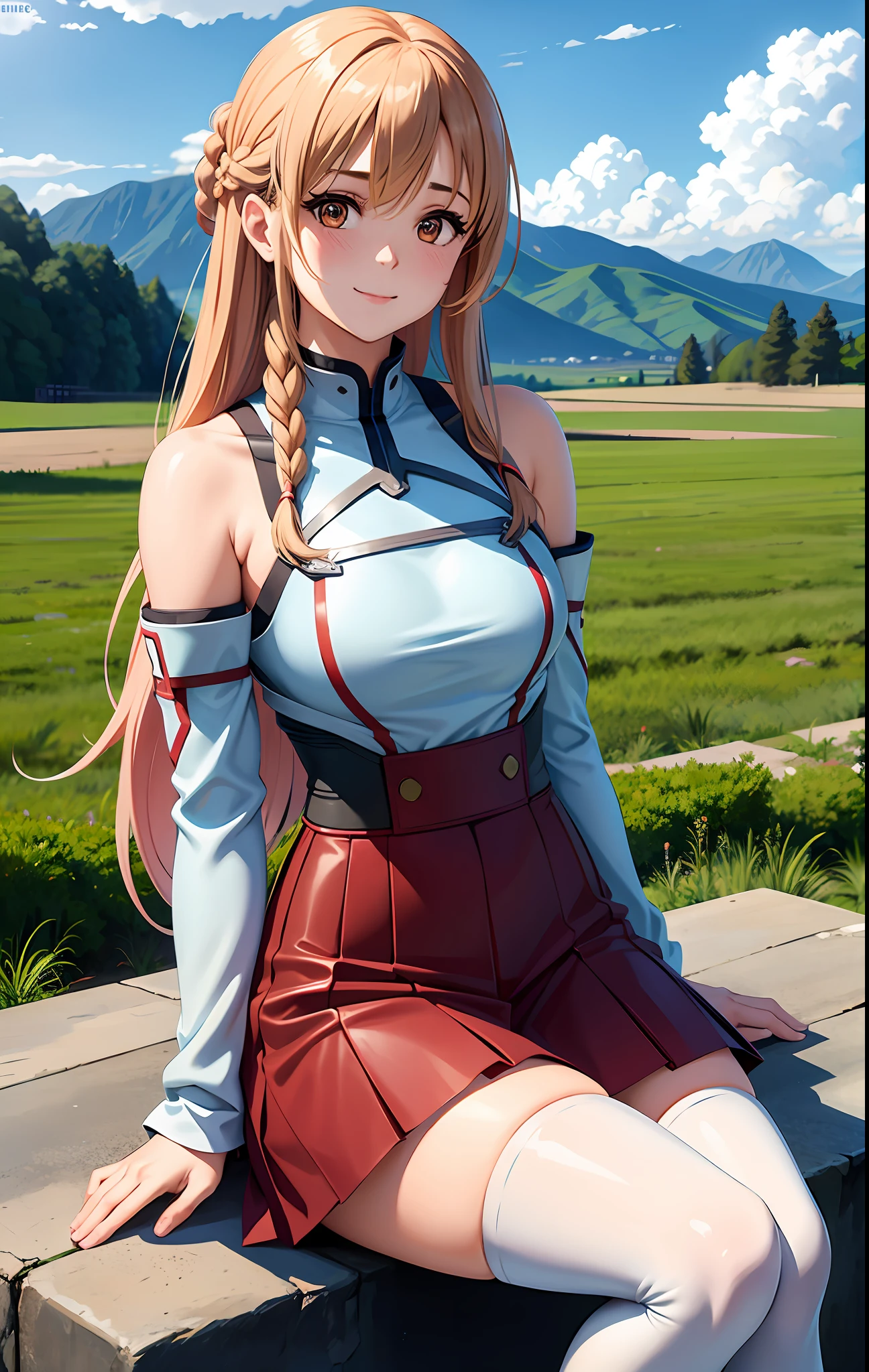 1girl, asuna_\(sao\), bangs, bare_shoulders, blue_sky, blush, boots, braid, breastplate, breasts, brown_eyes, closed_mouth, cloud, cloudy_sky, day, detached_sleeves, grass, hair_between_eyes, long_hair, looking_at_viewer, mountain, outdoors, rock, sitting, skirt, sky, smile, solo, thighhighs, very_long_hair