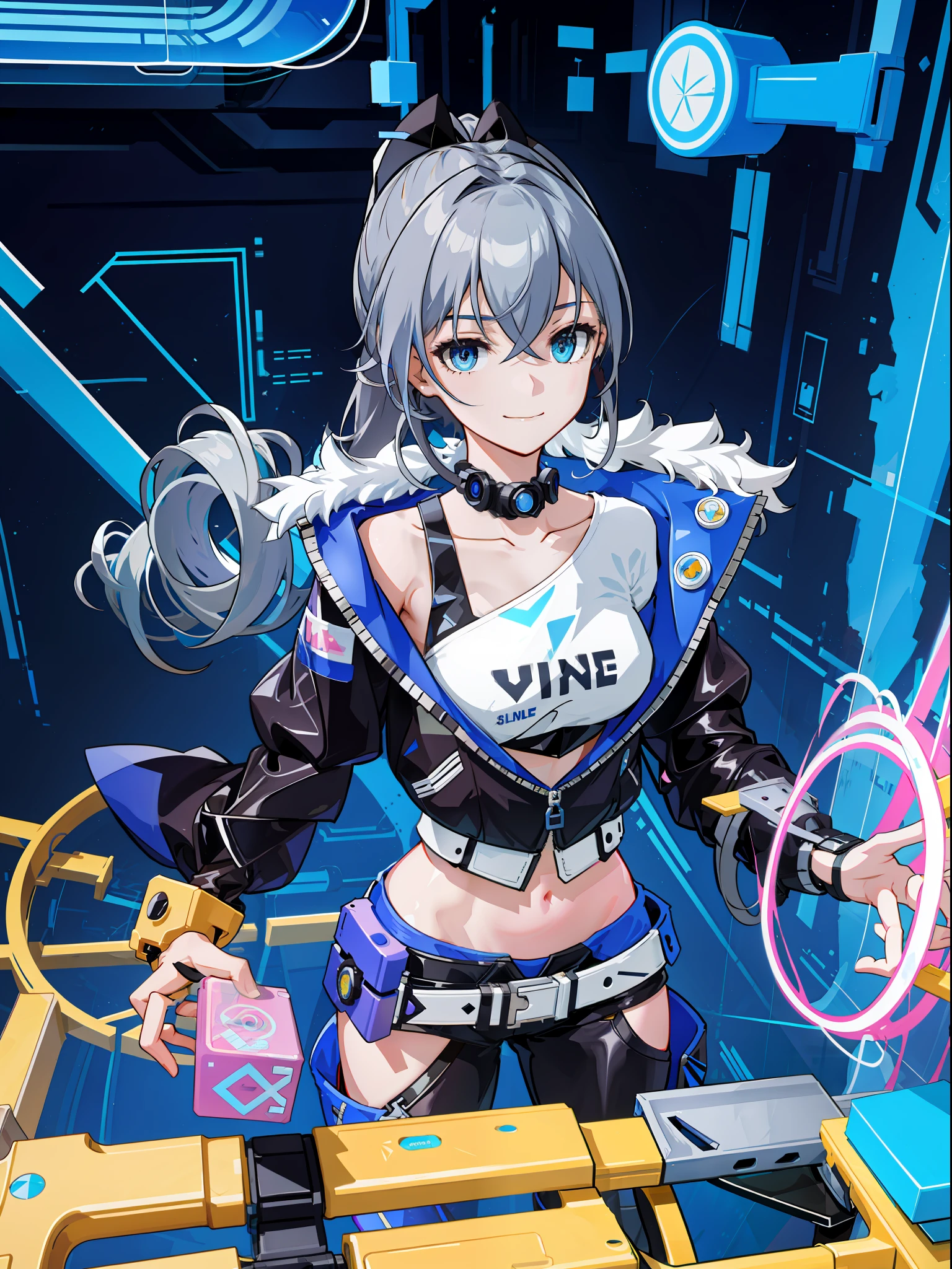 ((masterpiece)), super high quality, curly high ponytail girl, gray hair, cyberpunk style, blowing bubble candy, dressed in cyberpunk street style clothing. The whole painting is full of science and technology culture, the face is grim, exuding a glacier-like aura, petite figure, smile, dynamic posture, golden section, lens highlights focus, large aperture, side light effect, white background, clear details, bright tones, very impactful picture, clear brush, half body, full of details, vivid eyes, light and shadow tracking